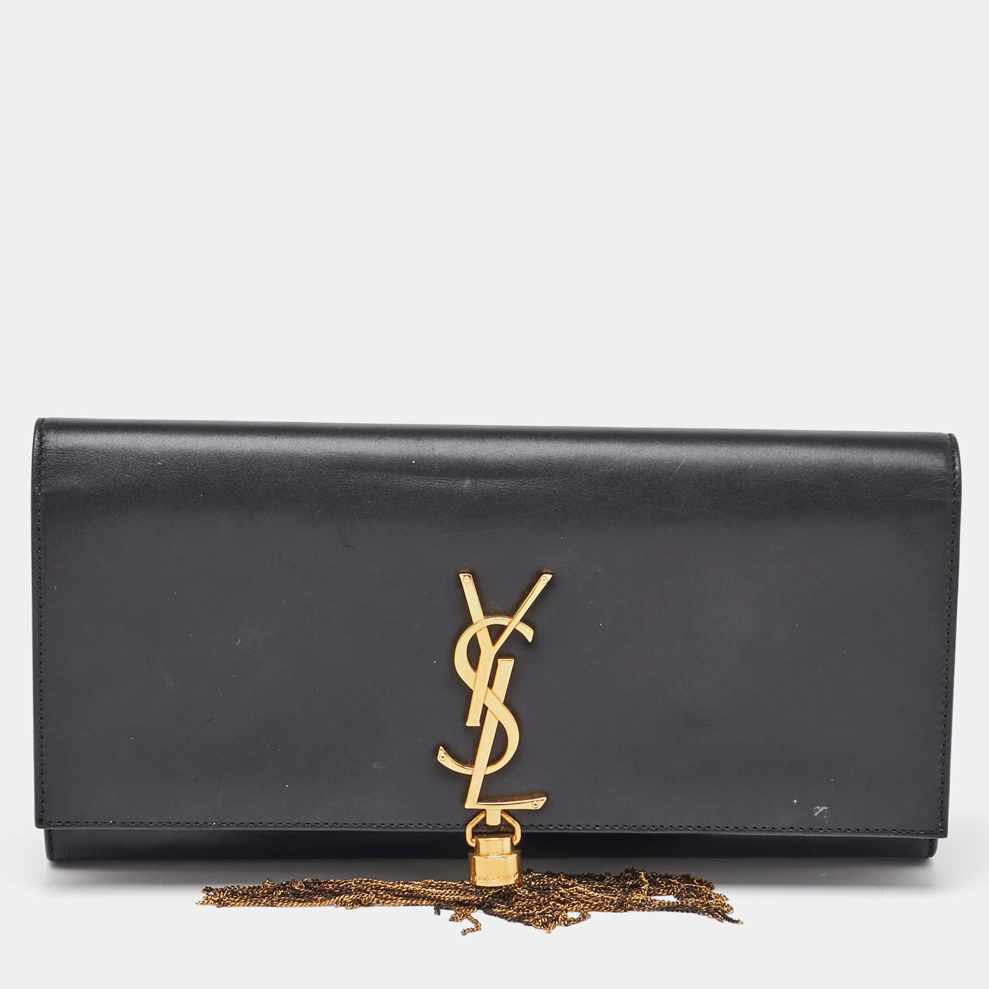 Saint Laurent Black Leather Cassandre Tassel Flap Clutch