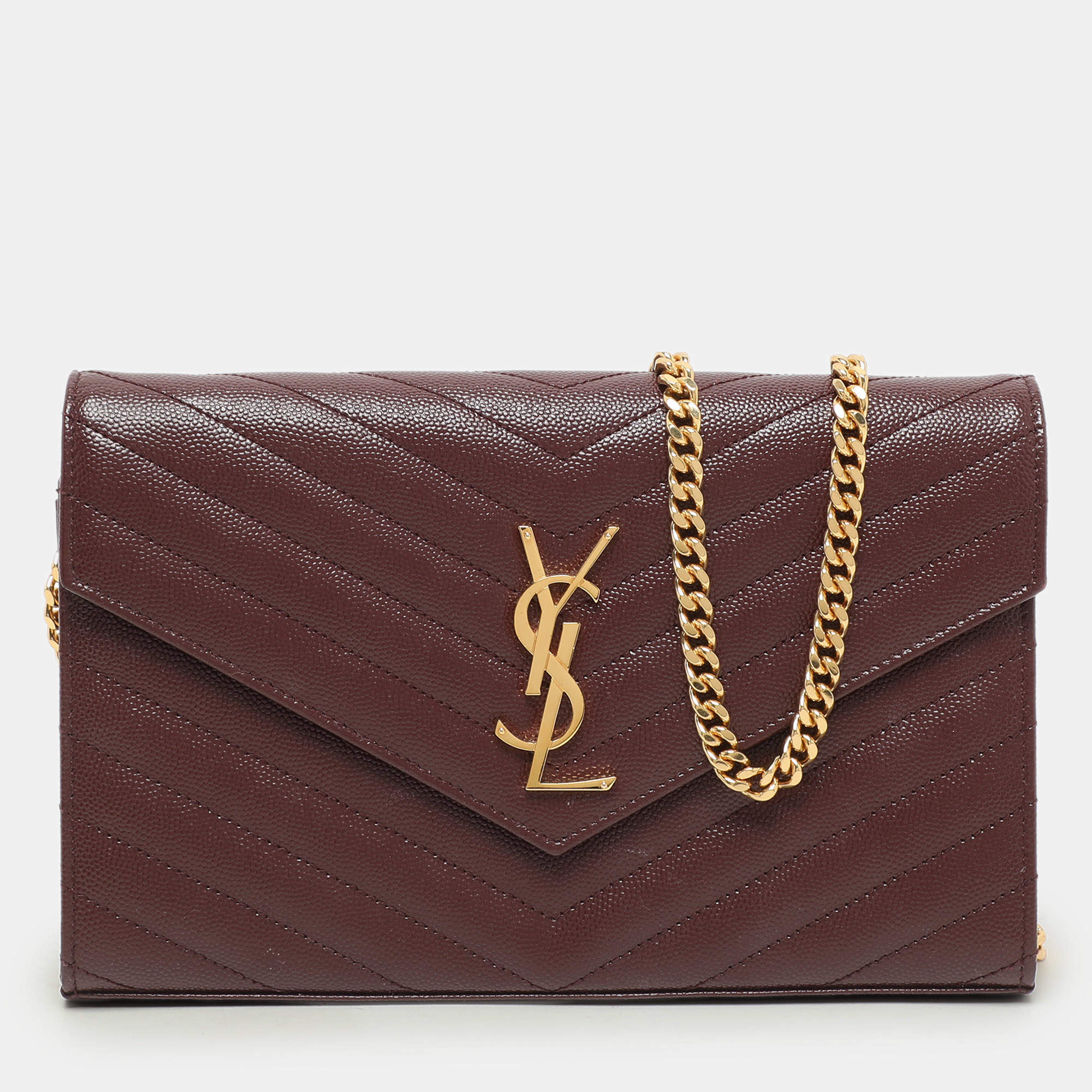 Pre Owned Saint Laurent Burgundy Matelassé Leather Cassandre Envelope Wallet on Chain