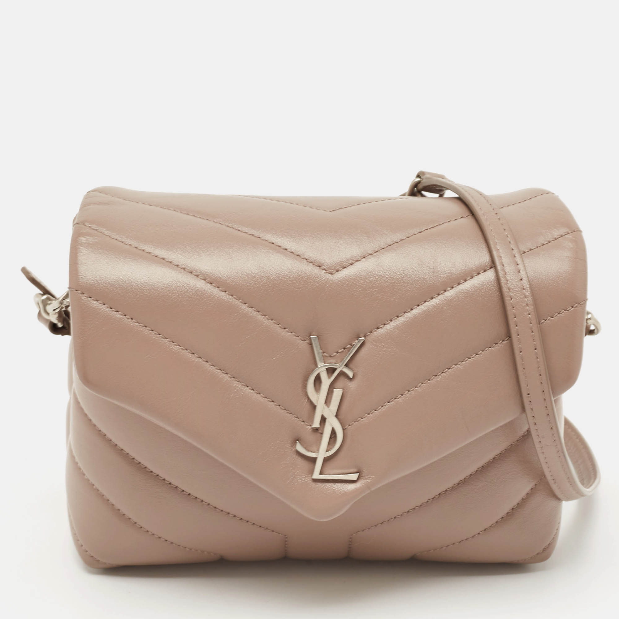 Pre Owned Saint Laurent Taupe Beige Matelasse Leather Toy Loulou Crossbody Bag
