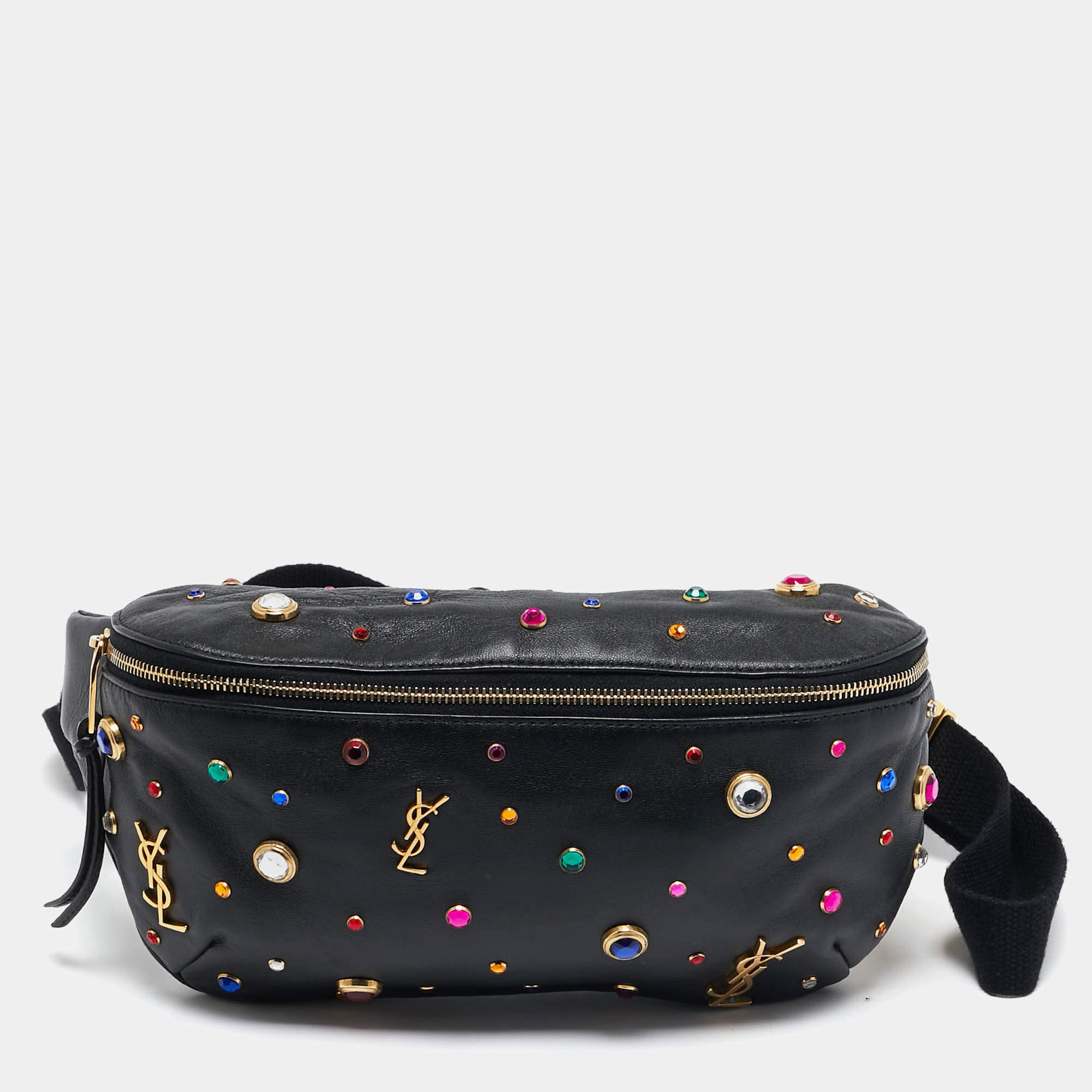 Pre Owned Saint Laurent Black Leather Crystal Embellished Monogram Belt Bag