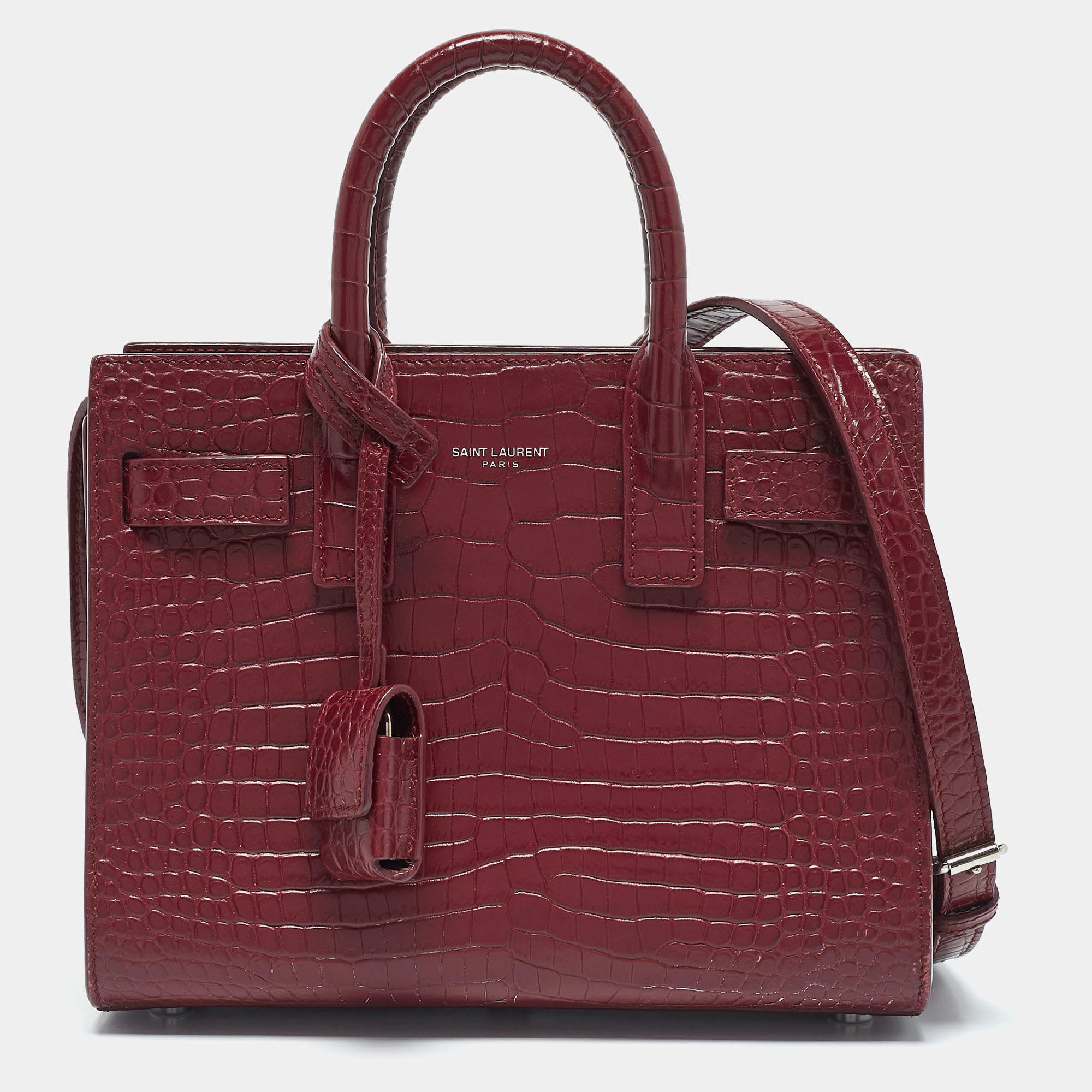 Pre Owned Saint Laurent Red Croc Embossed Leather Nano Classic Sac De Jour Tote