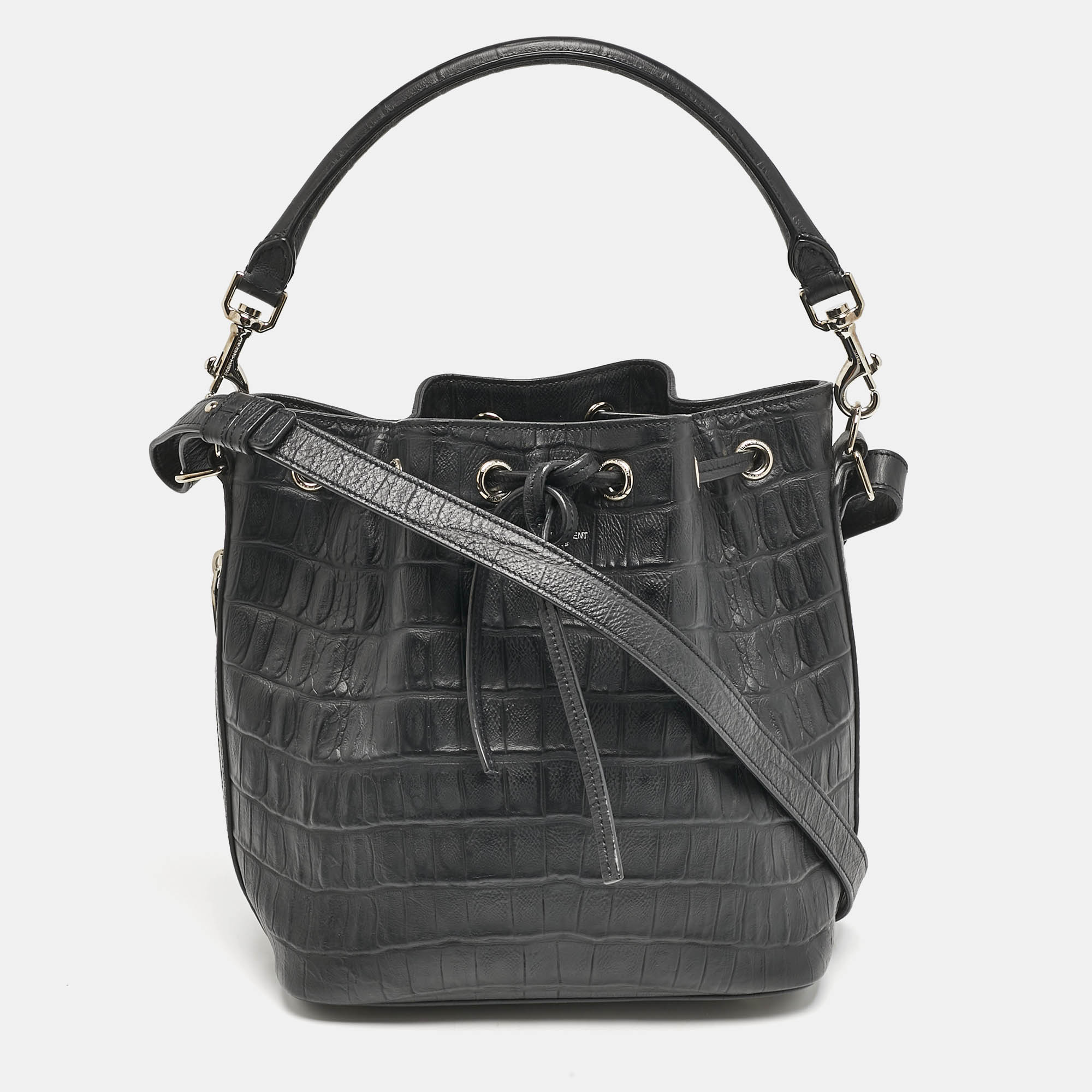 Pre Owned Saint Laurent Paris Black Croc Embossed Leather Medium Emmanuelle Bucket Bag