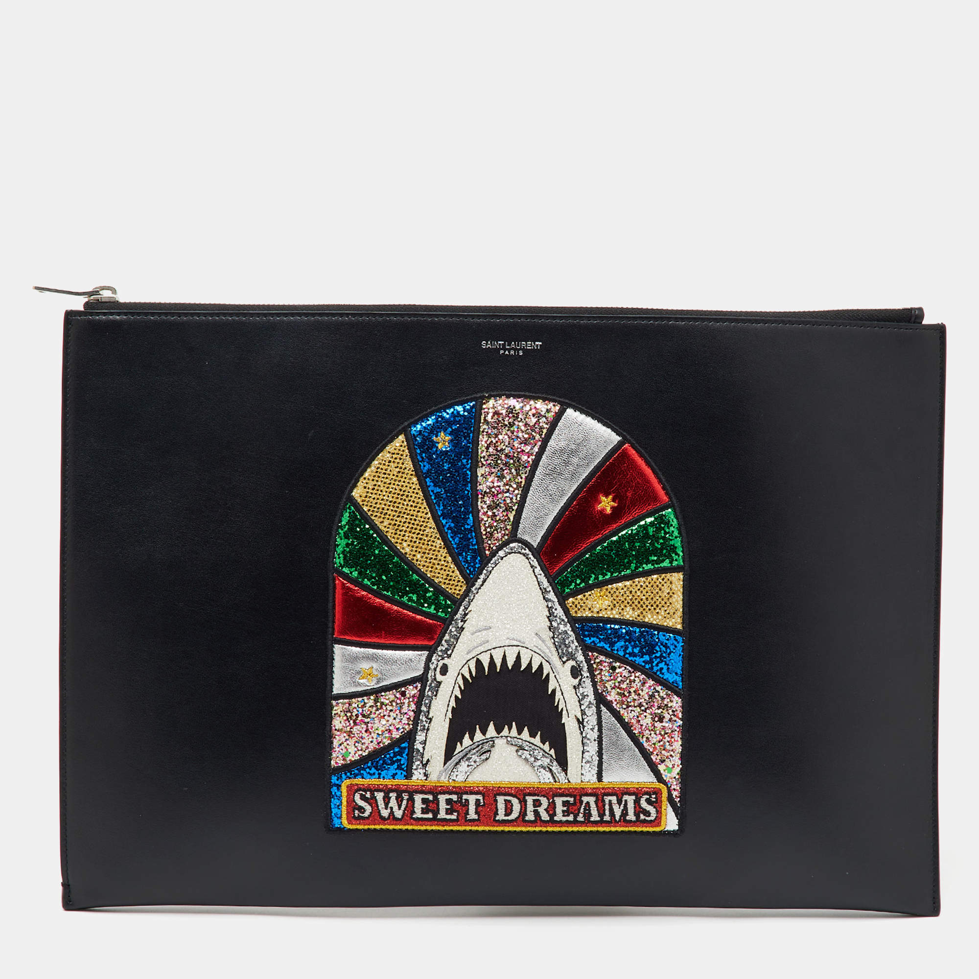 Saint Laurent Black Leather Sweet Dreams Top Zip Pouch