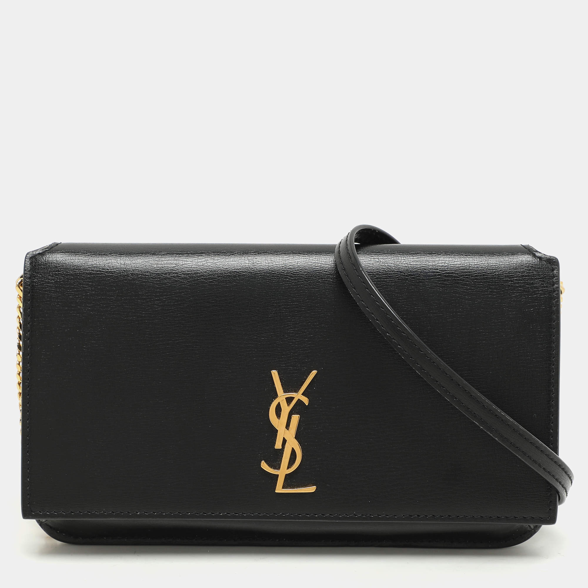 Pre Owned Saint Laurent Black Leather Cassandre Phone Holder Crossbody Bag