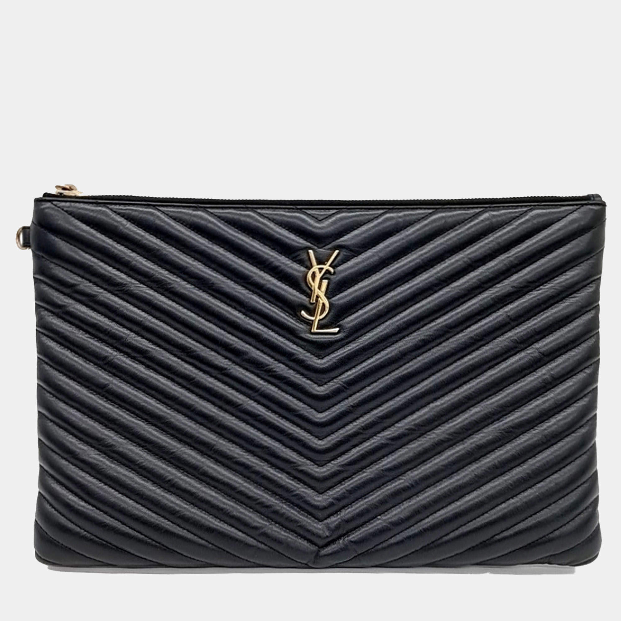 Pre Owned Saint Laurent Paris Black Leather Monogram Clutch