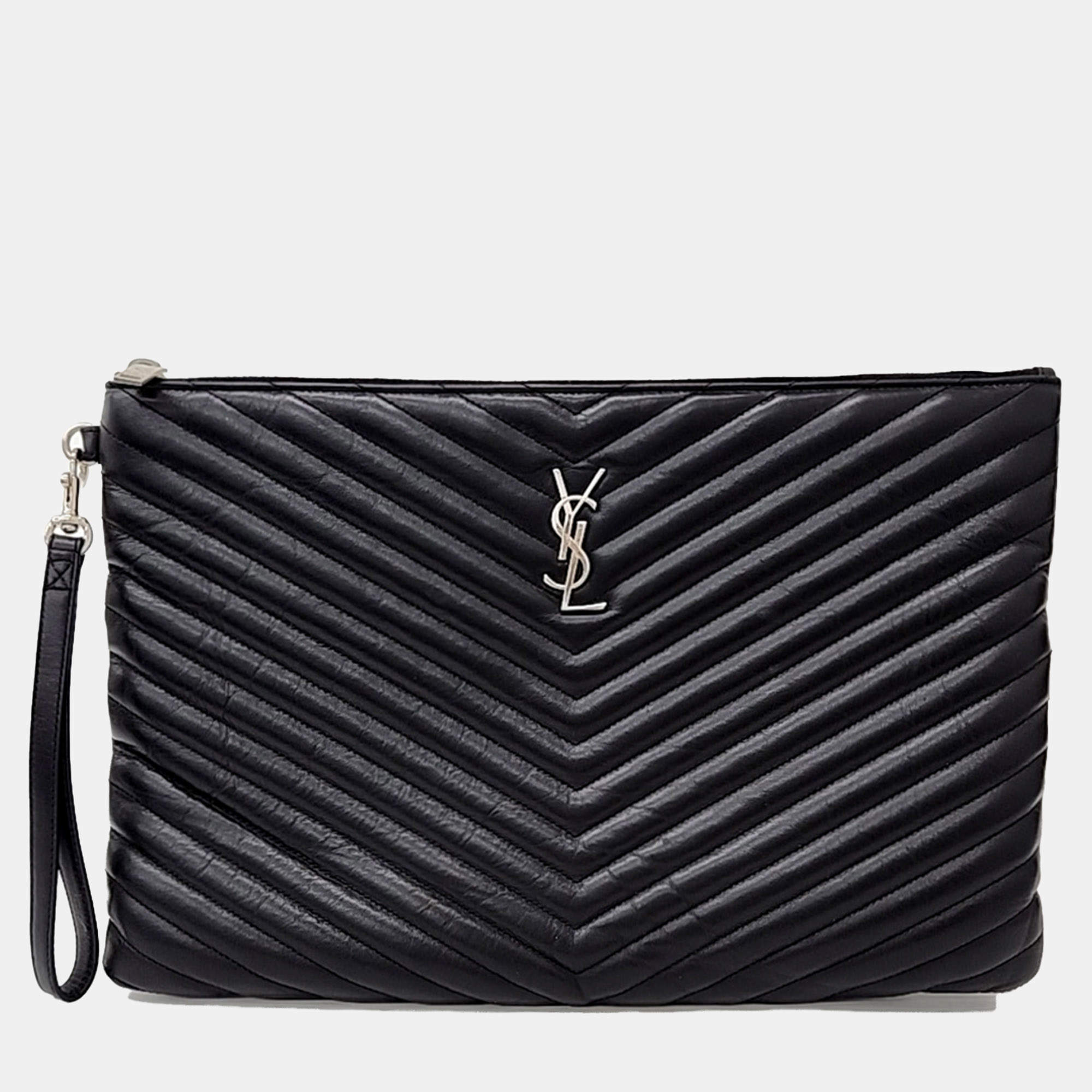 Saint Laurent Paris Black Leather Monogram Clutch