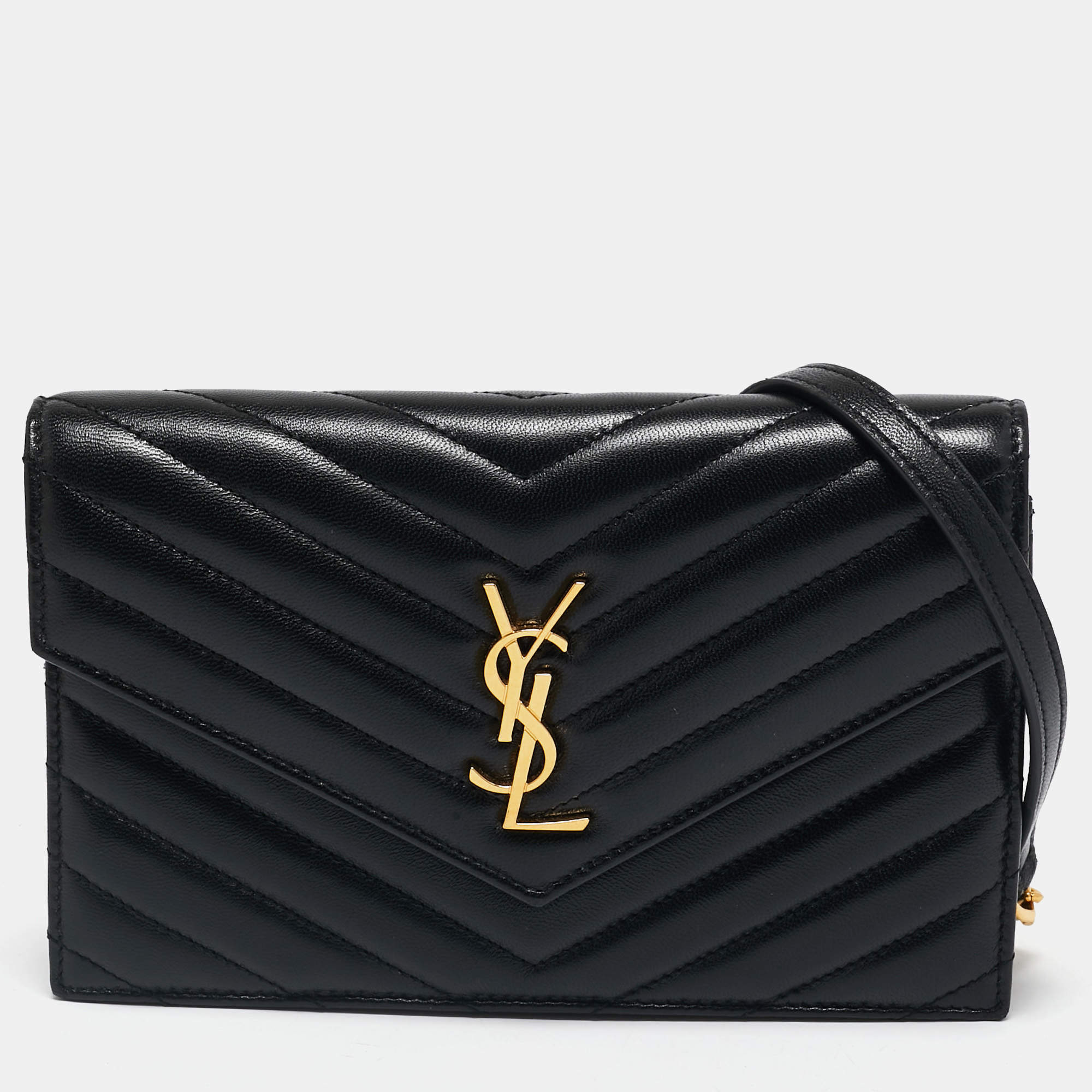 Saint Laurent Black Matelassé Leather Cassandre Envelope Wallet on Chain
