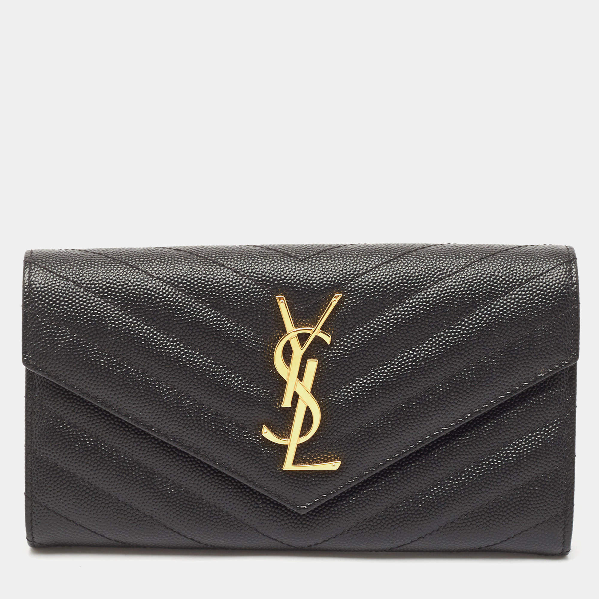 Pre Owned Saint Laurent Black Matelassé Leather Monogram Flap Continental Wallet