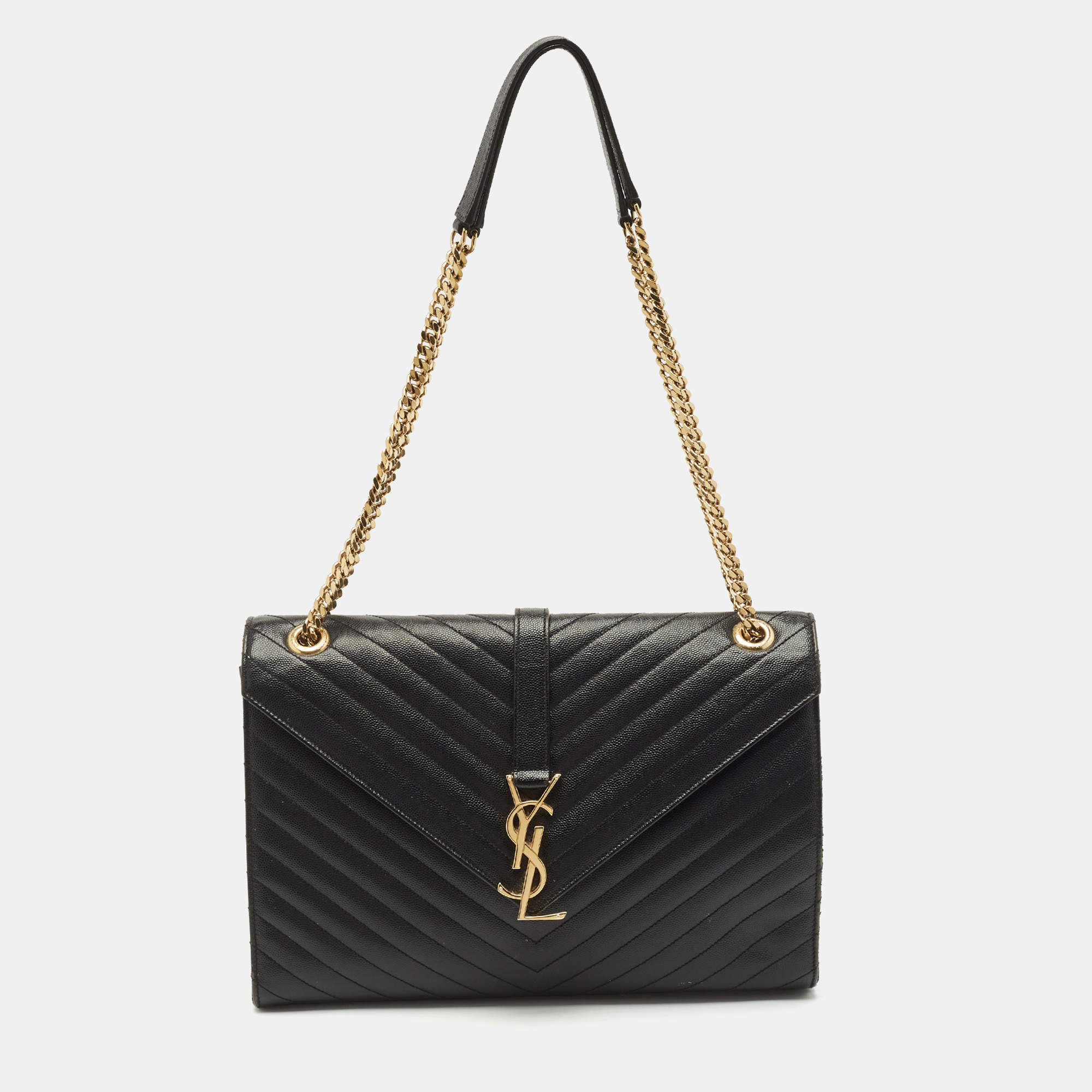 Saint Laurent Black Matelassé Leather Large Monogram Envelope Shoulder Bag