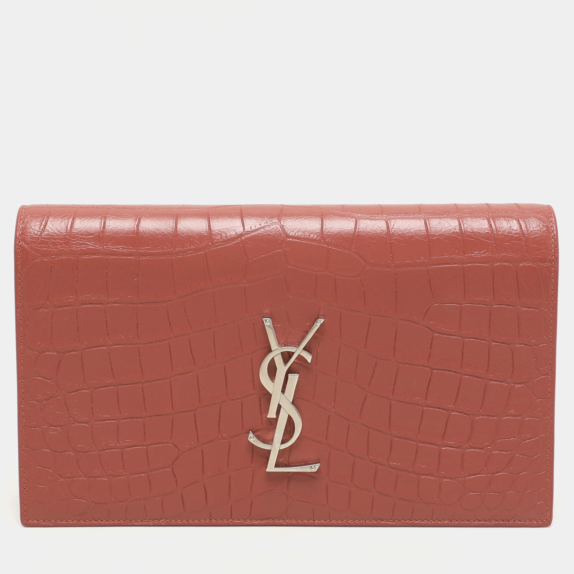 Saint Laurent Nude Rose Croc Embossed Leather Monogram Clutch 