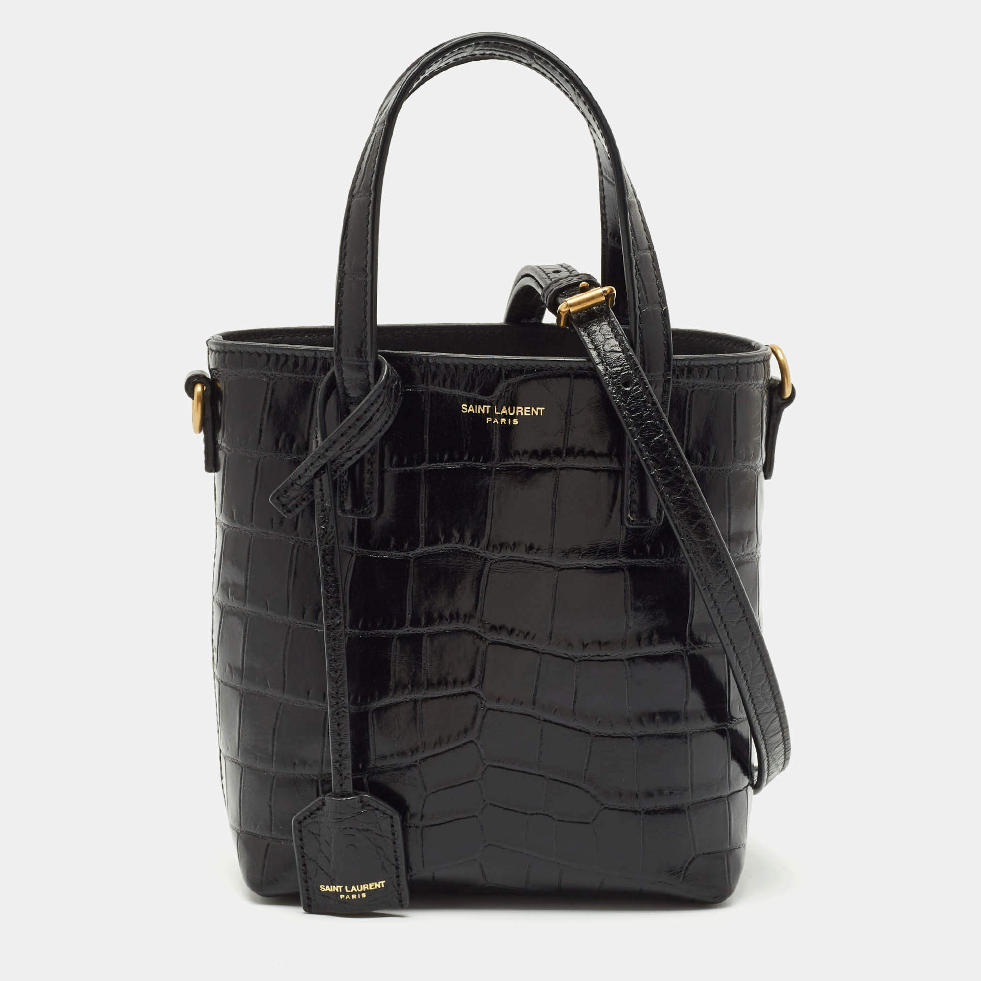 Pre Owned Saint Laurent Black Croc Embossed Leather Mini Toy Bucket Bag