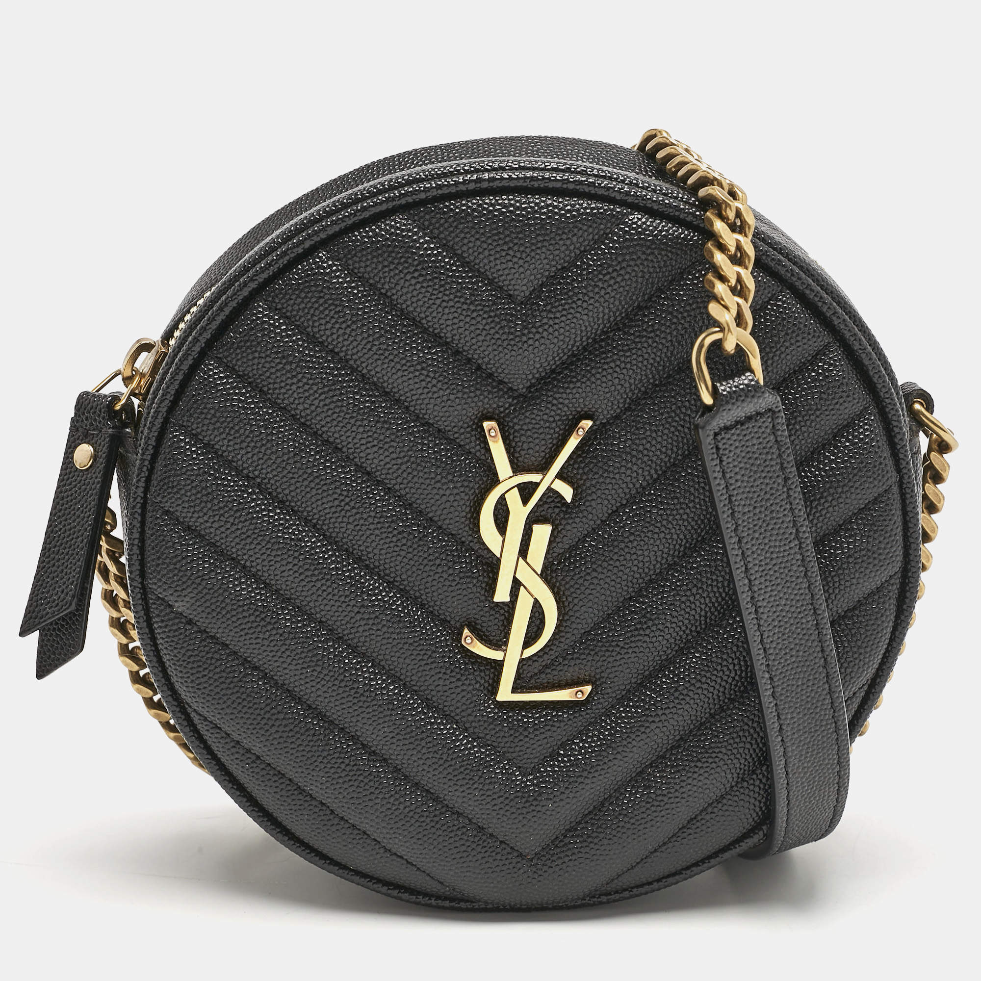 Saint Laurent Black Matelasse Leather Monogram Round Crossbody Bag