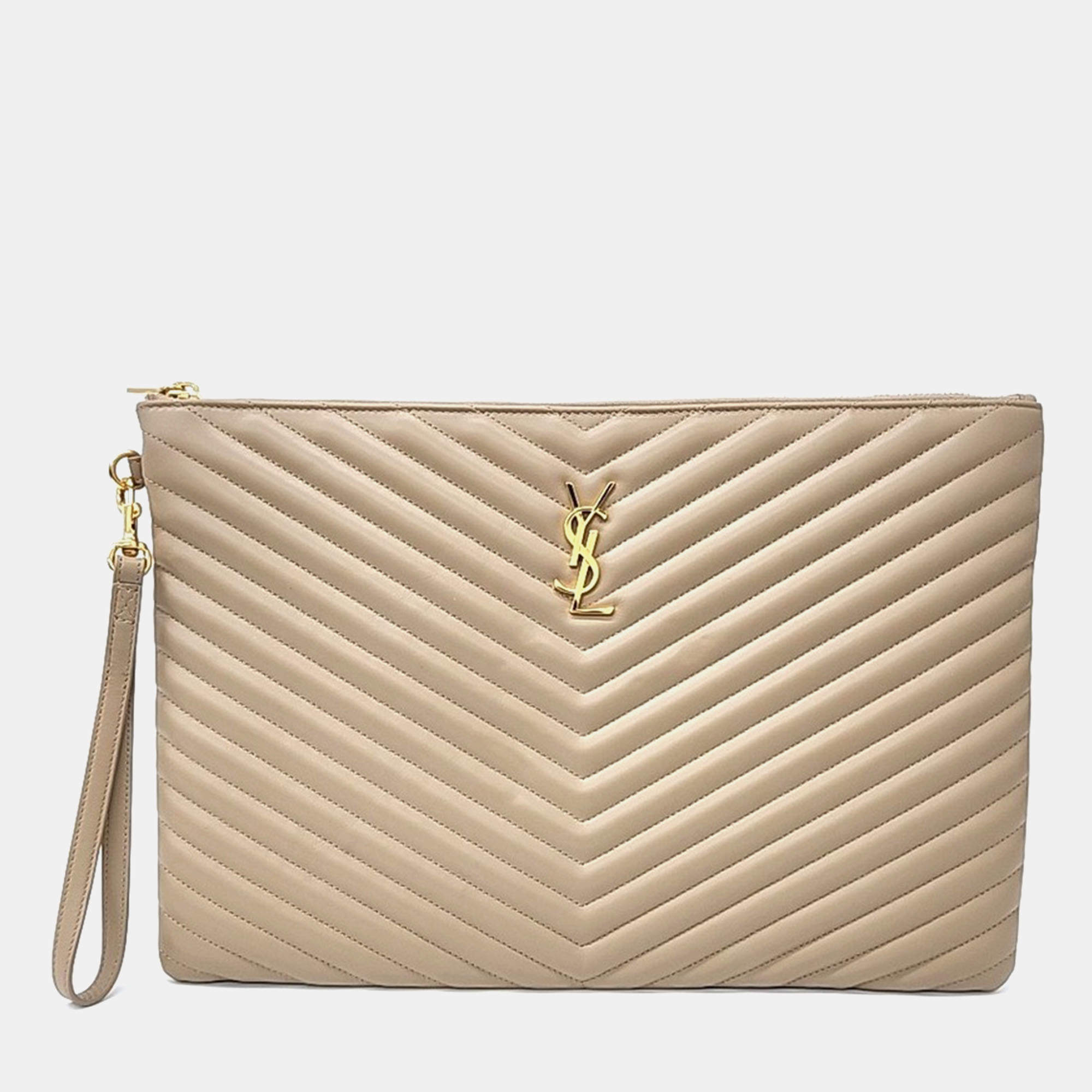 Saint Laurent Paris Beige Leather Monogram Clutch