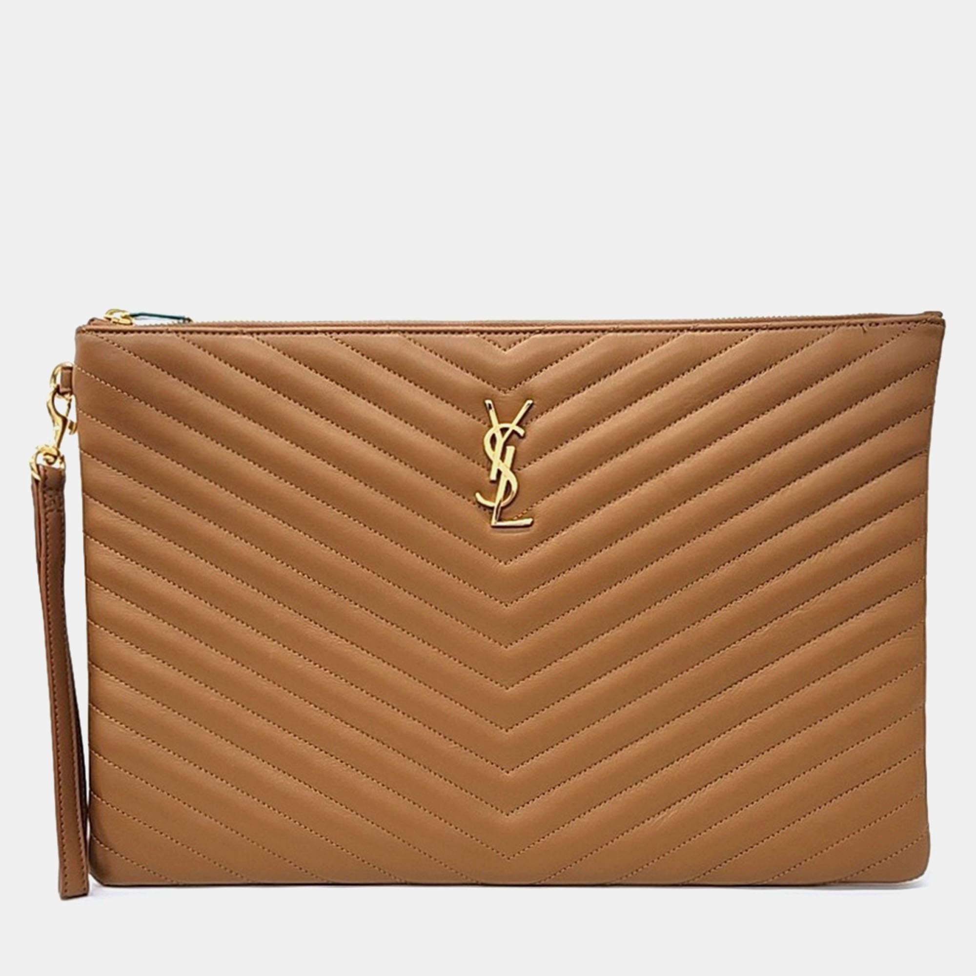 Pre Owned Saint Laurent Paris Brown Leather Monogram Clutch