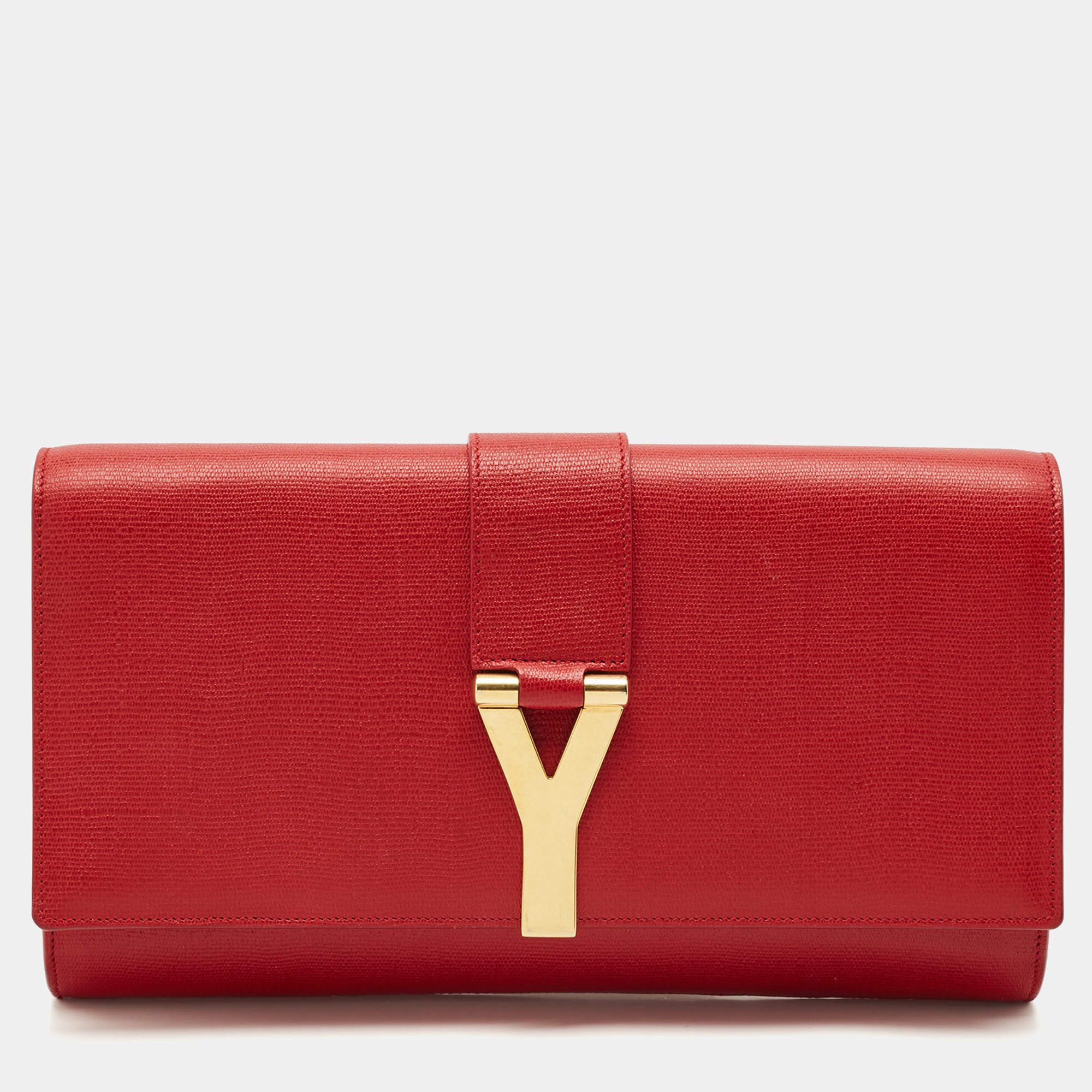 Saint Laurent Red Texured Leather Y Line Clutch