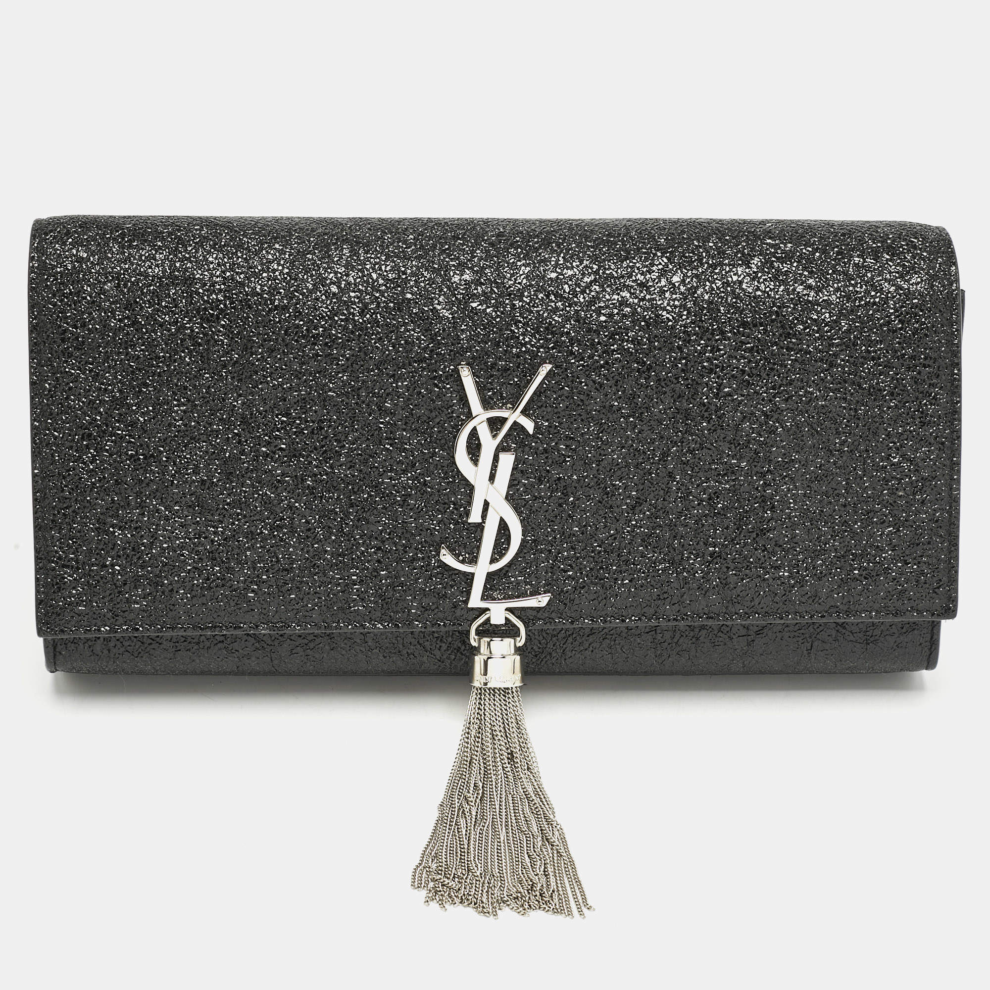 Saint Laurent Black Ceramic Effect Leather Cassandre Tassel Clutch