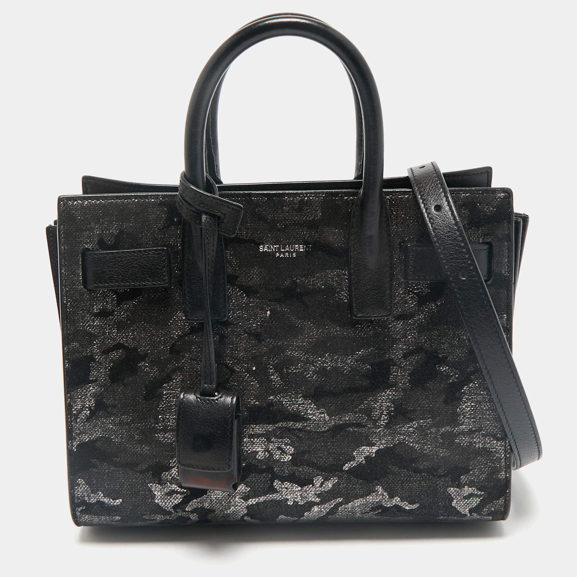 Saint Laurent Black Camo Suede and Leather Nano Classic Sac De Jour Tote