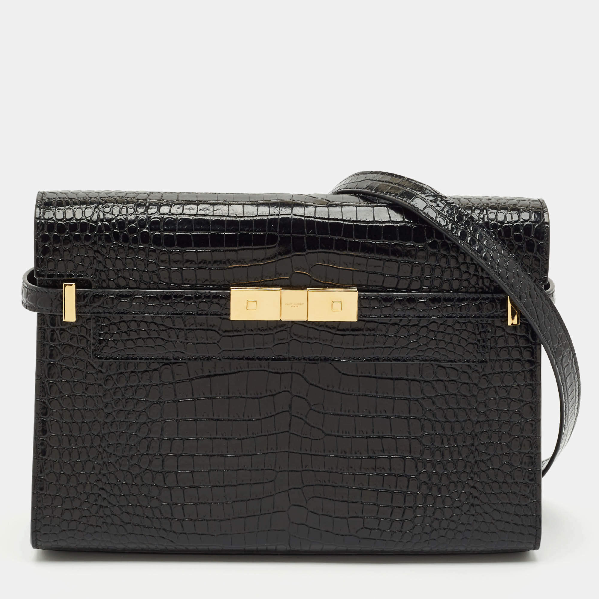 Saint Laurent Black Croc Embossed Leather Manhattan Shoulder Bag