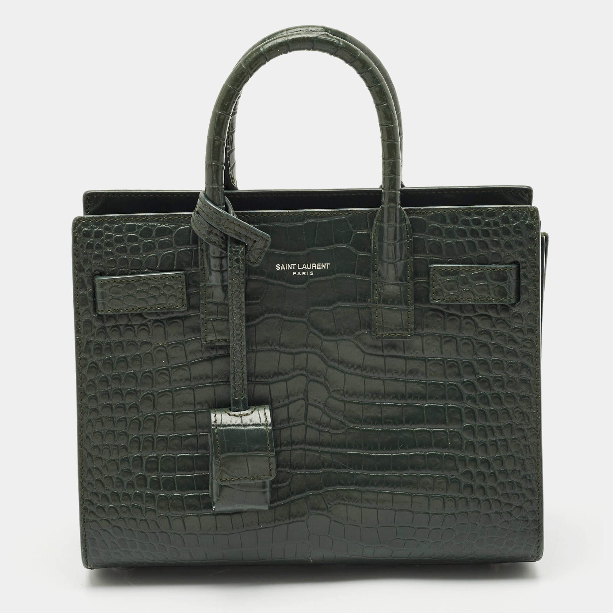 Saint Laurent Dark Green Croc Embossed Leather Nano Classic Sac De Jour Tote