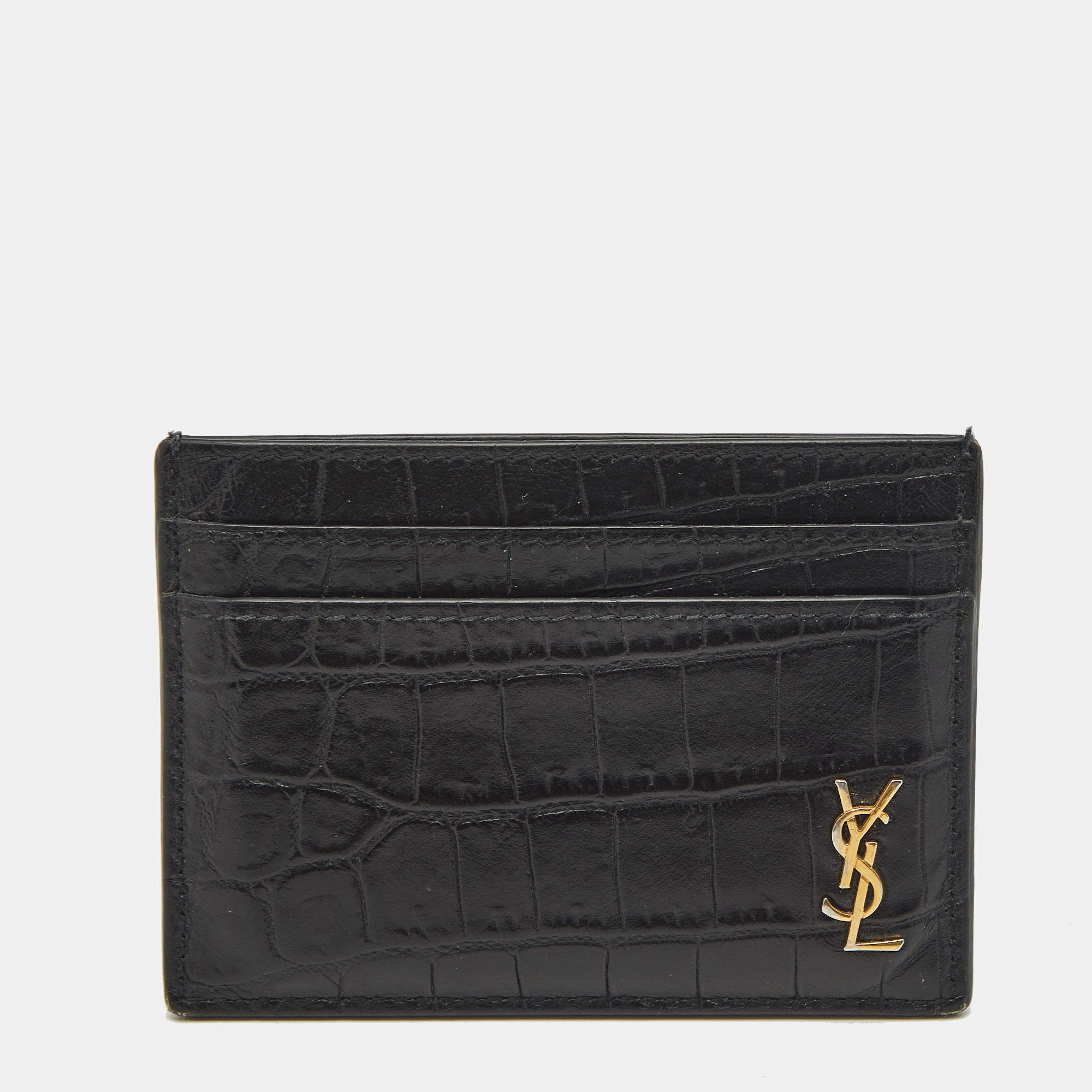 Saint Laurent Black Croc Embossed Leather Tiny Cassandre Card Holder