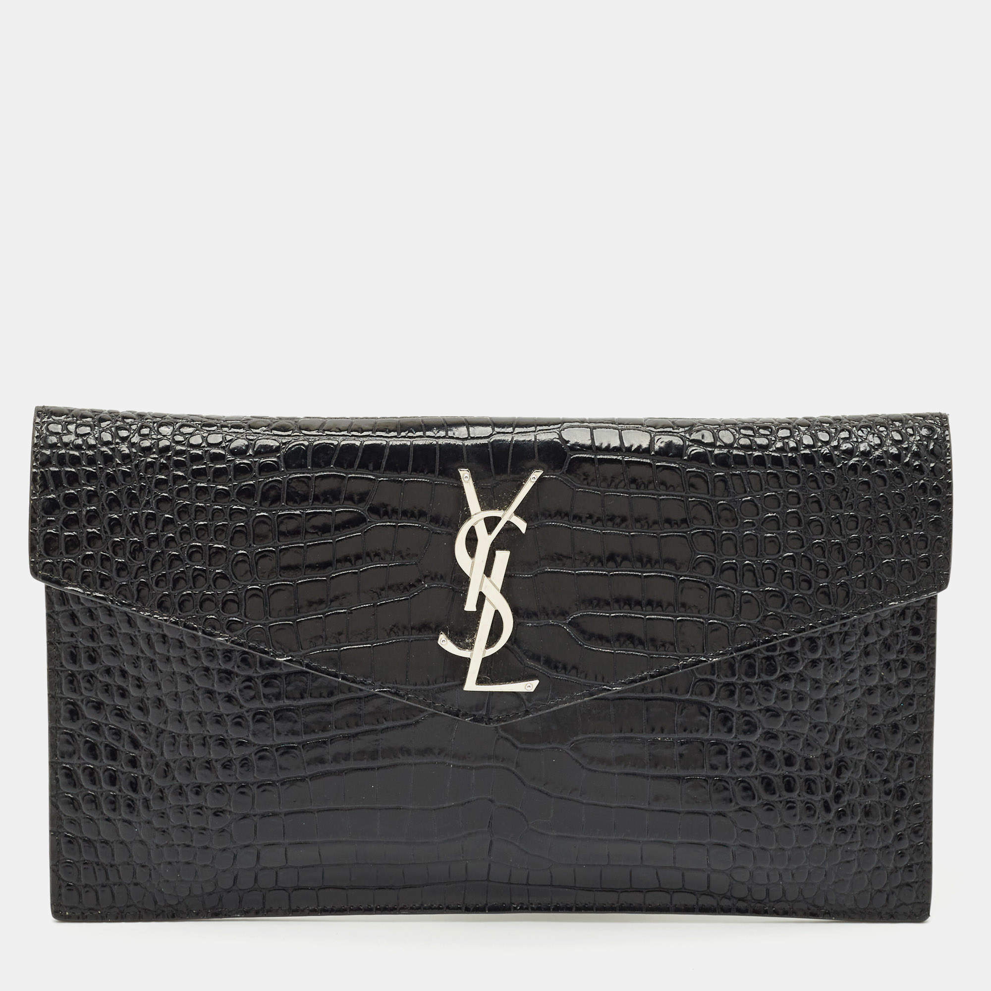 Saint Laurent Black Croc Embossed Leather Uptown Clutch