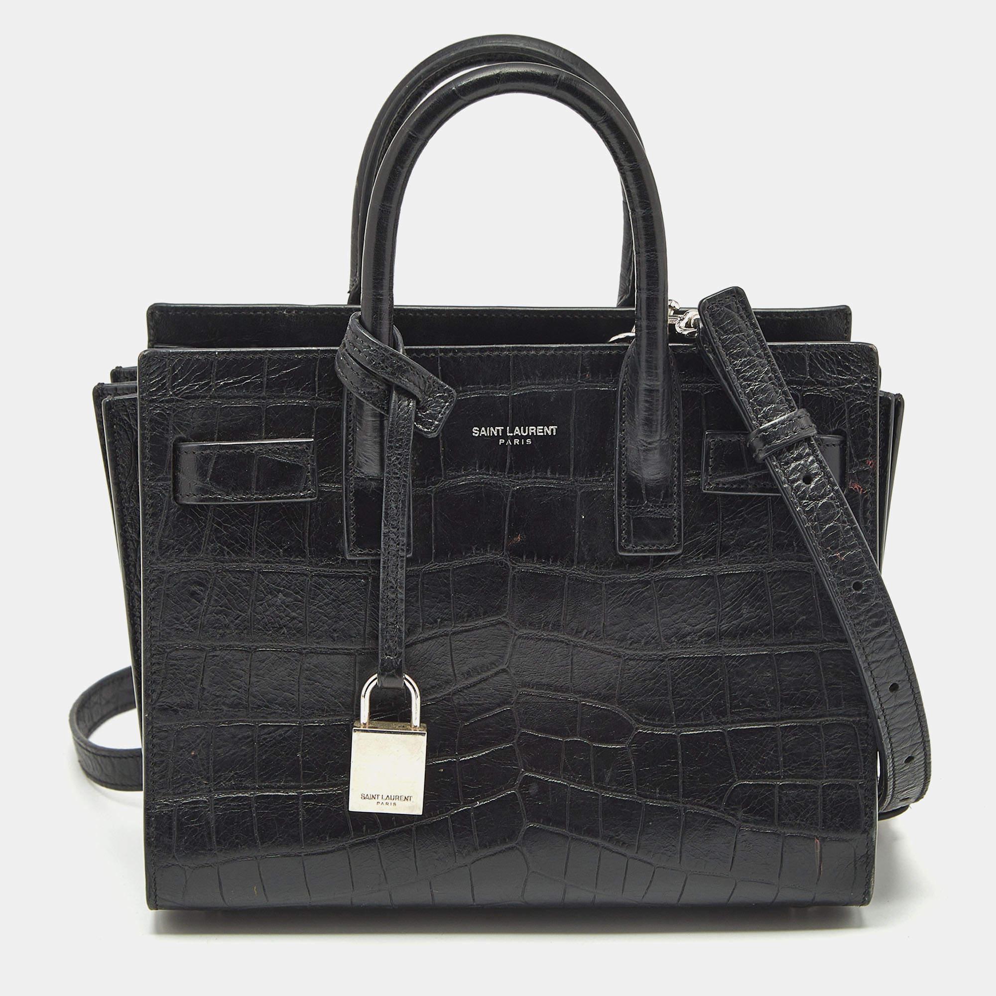 Saint Laurent Black Croc Embossed Leather Nano Classic Sac De Jour Tote
