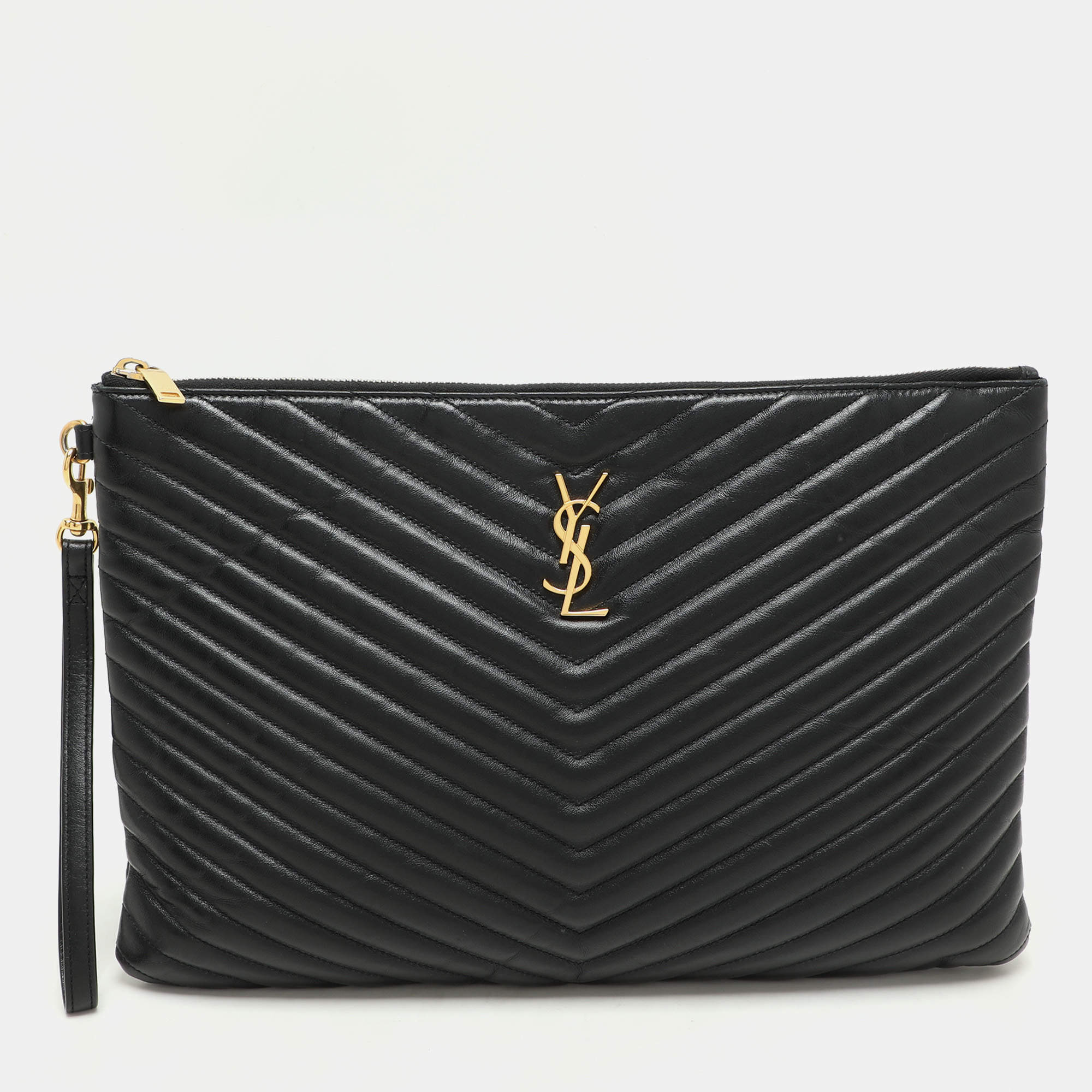 Saint Laurent Black Matelasse Leather Cassandre Wristlet Pouch