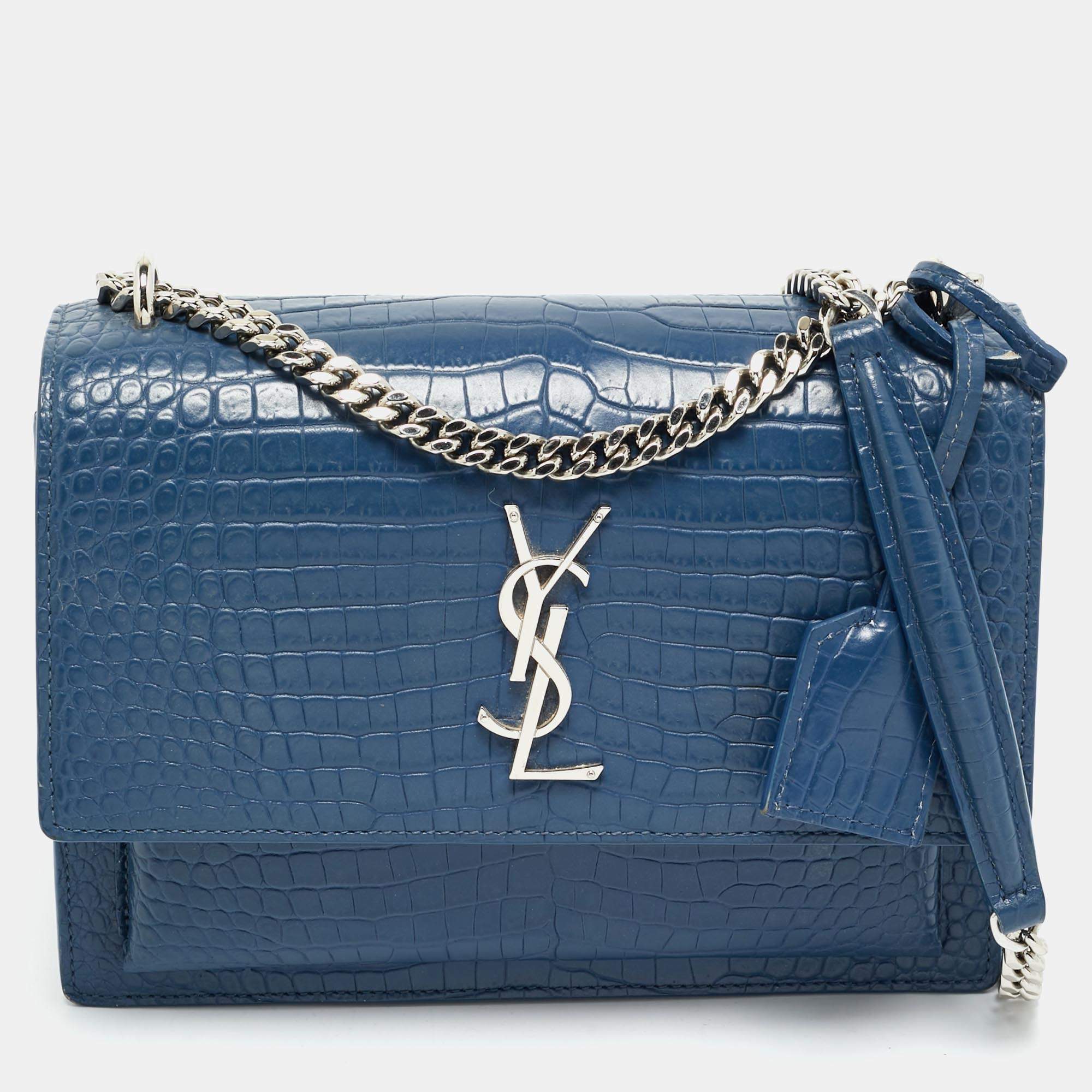 Pre Owned Saint Laurent Blue Croc Embossed Leather Medium Sunset Shoulder Bag