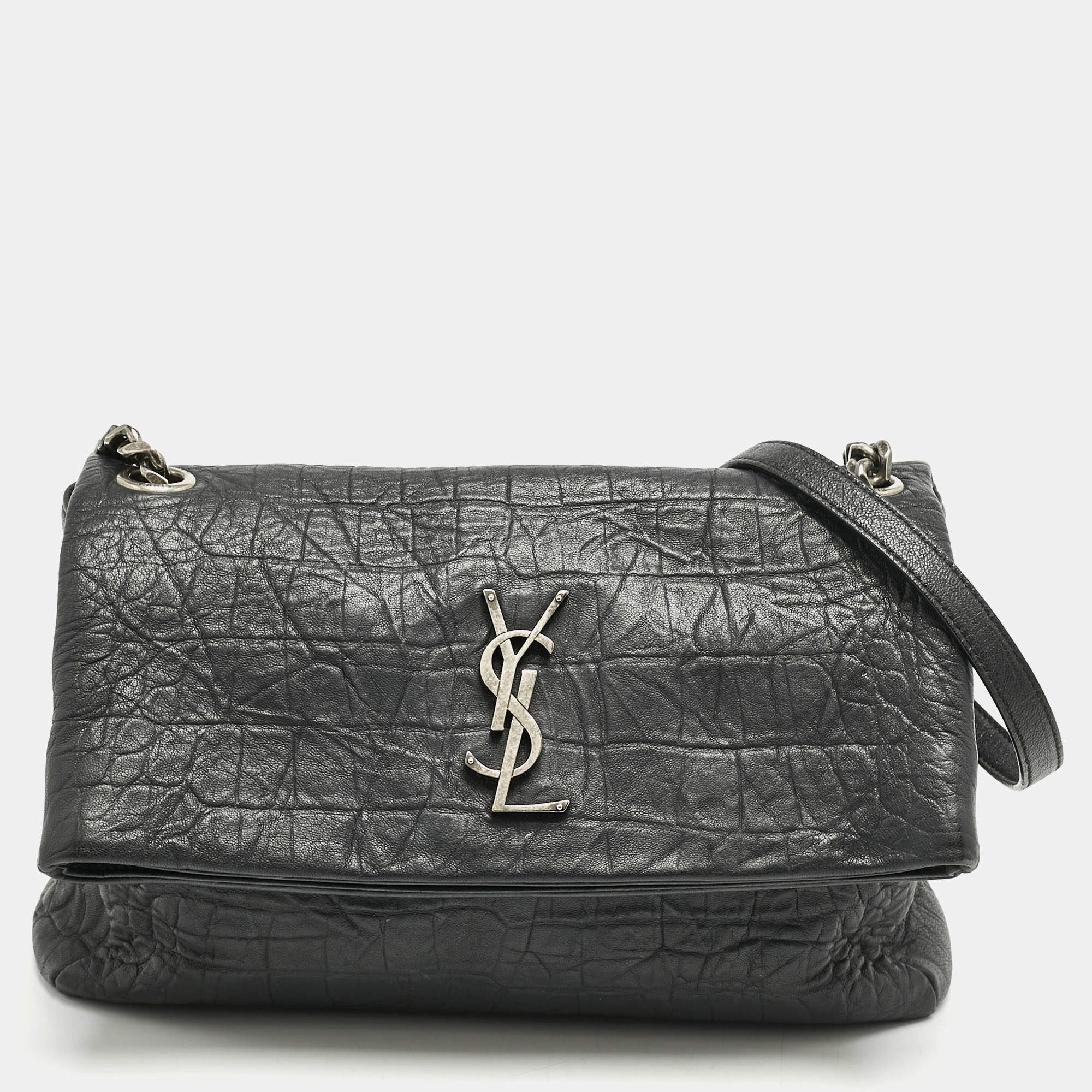 Pre Owned Saint Laurent Black Croc Embossed Leather West Hollywood Shoulder Bag