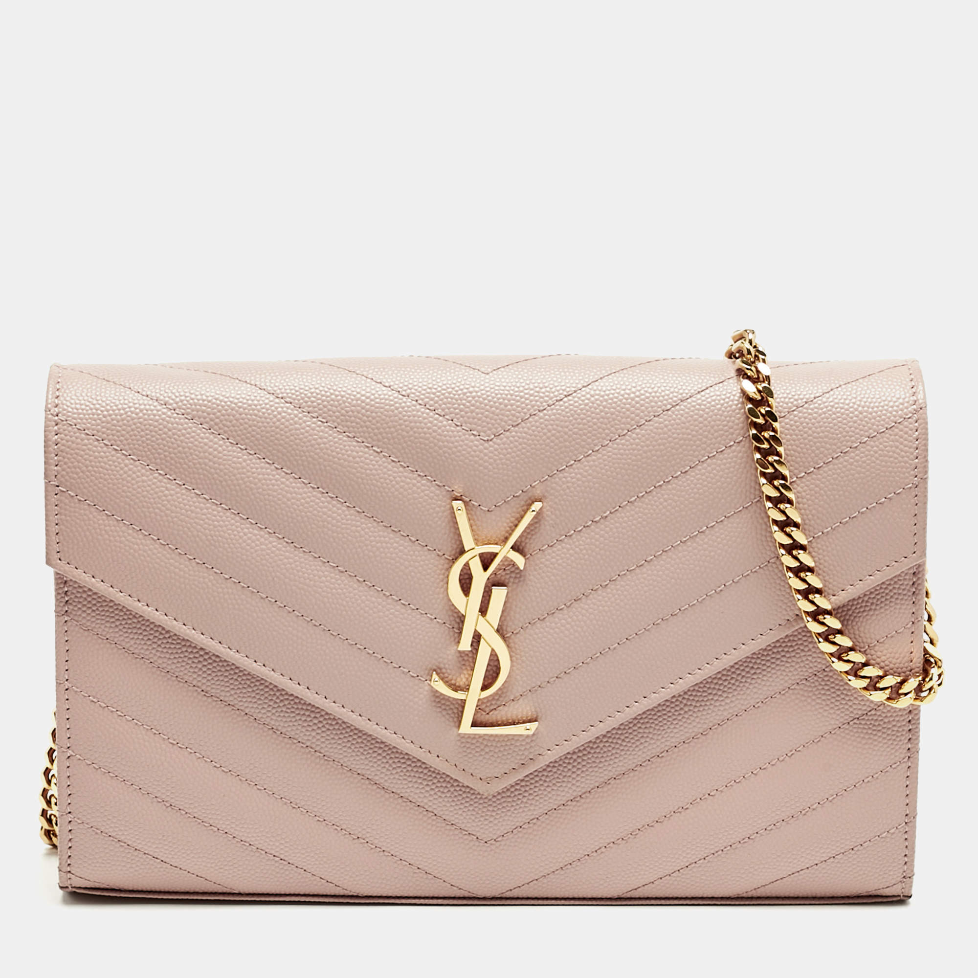 Saint Laurent Light Pink Matelassé Leather Cassandre Wallet On Chain