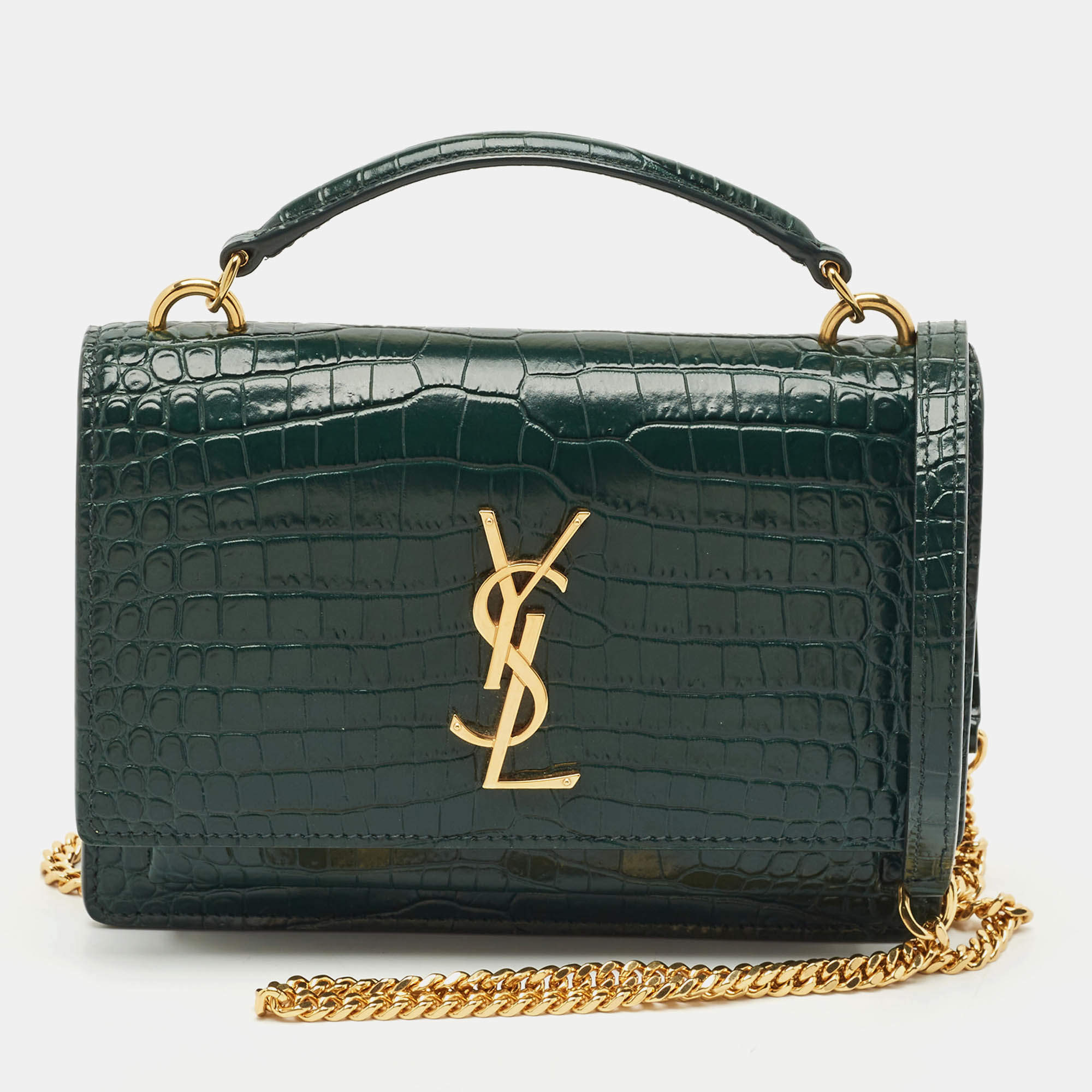 Saint Laurent Green Croc Embossed Leather Sunset Wallet On Chain