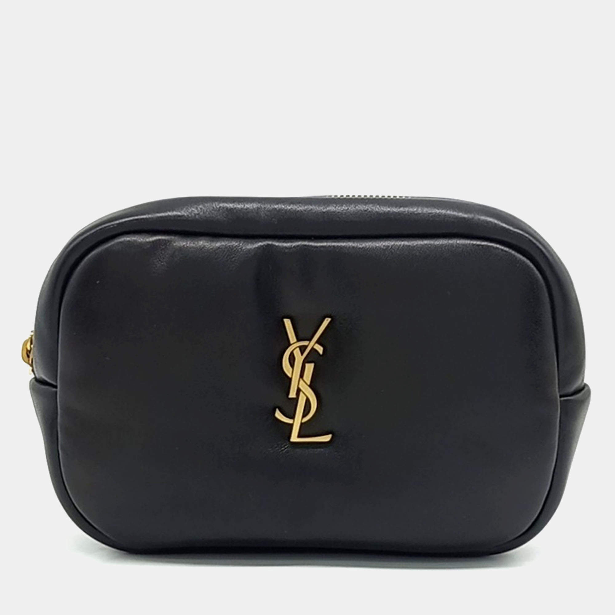 Saint Laurent Paris Black Leather Cosmetic Pouch