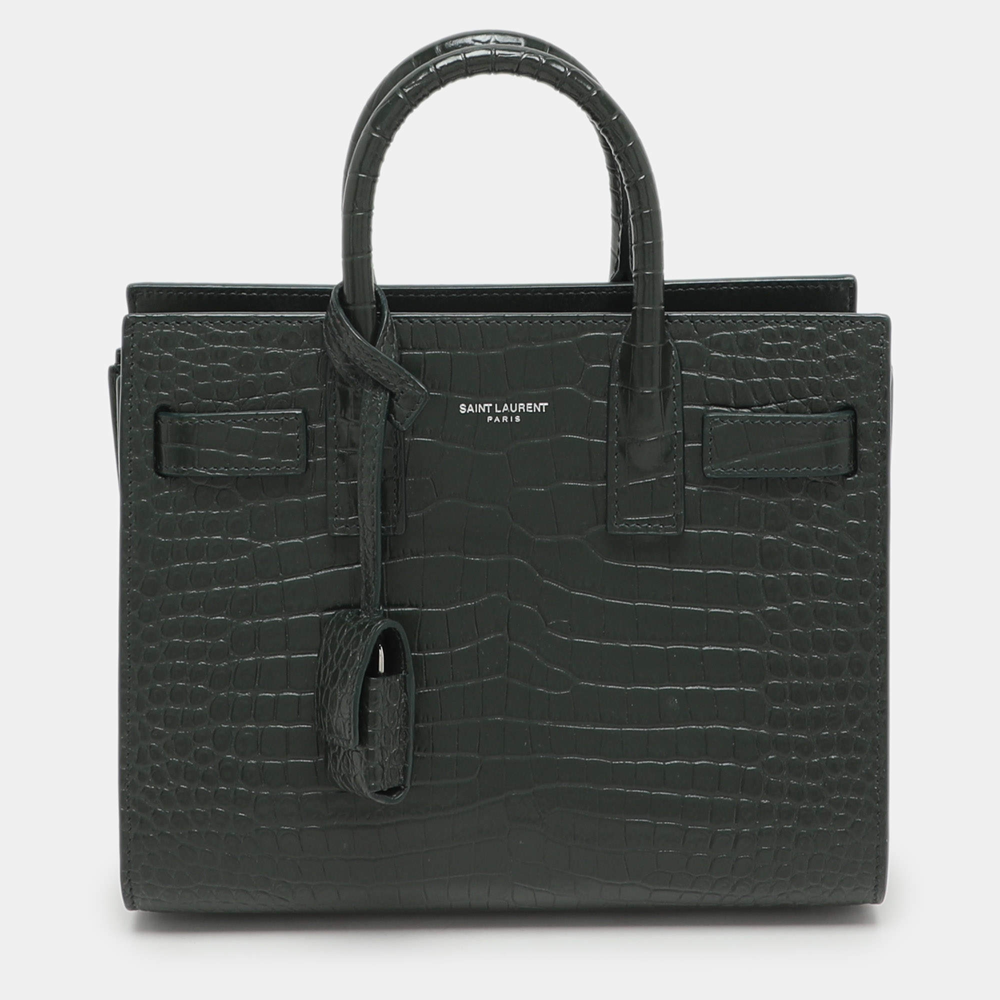 Saint Laurent Green Croc Embossed Leather Nano Classic Sac De Jour Tote