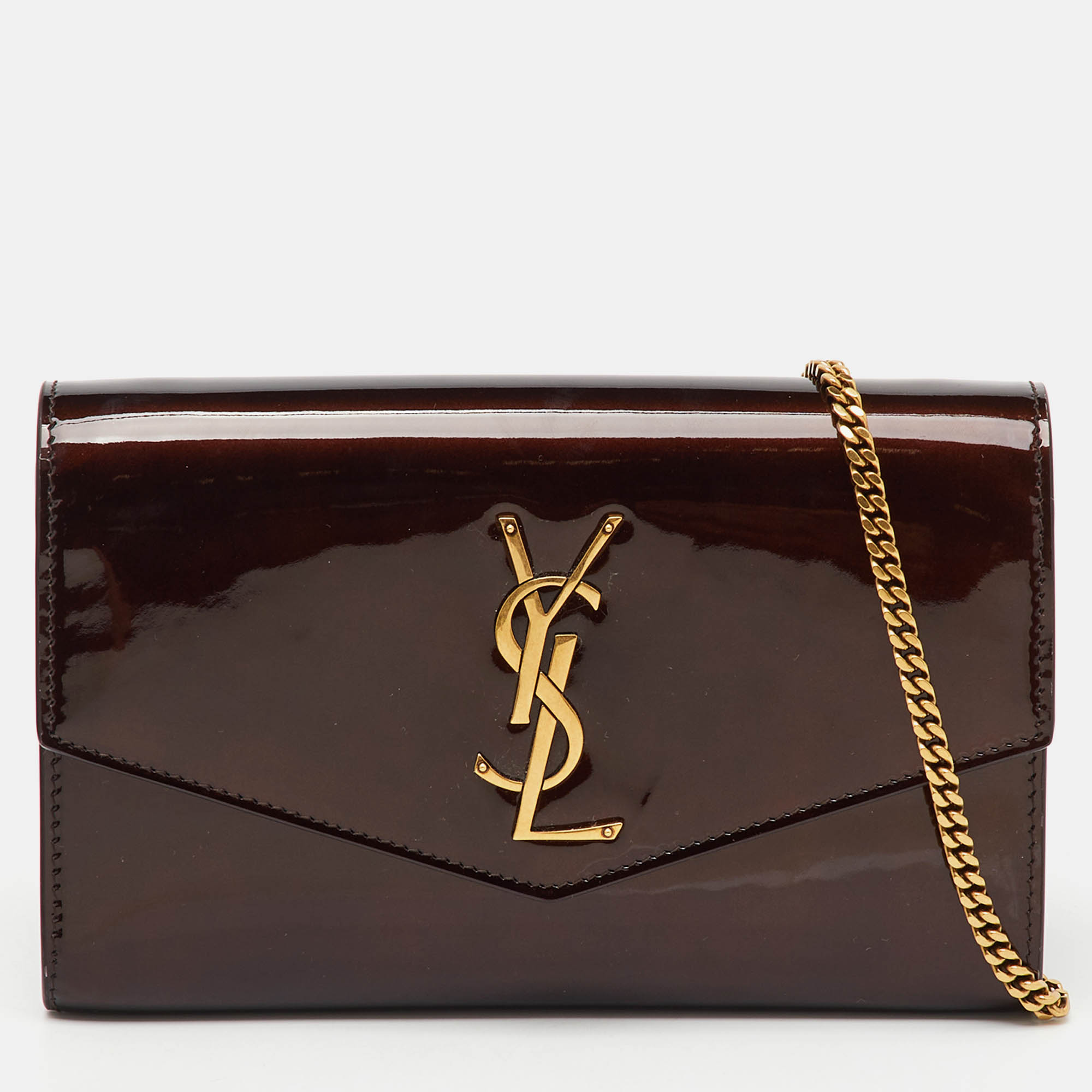 Saint Laurent Brown Patent Leather Uptown Wallet on Chain