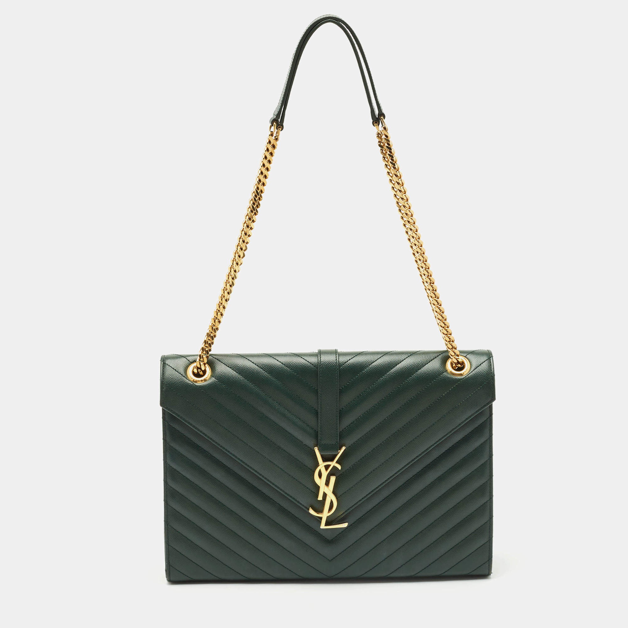 Saint Laurent Green Matelassé Leather Large Monogram Envelope Shoulder Bag