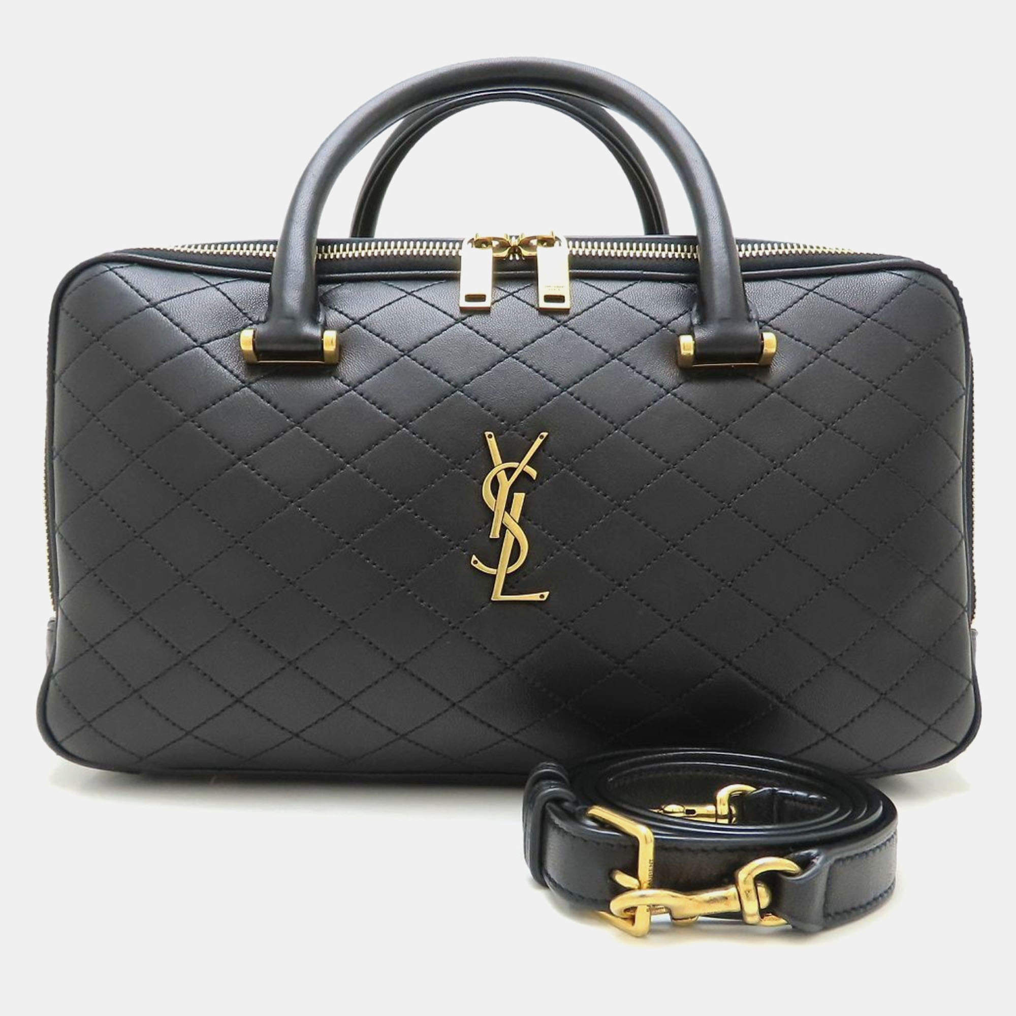 Yves Saint Laurent Rear Duffle Handbag 2Way Lambskin Black
