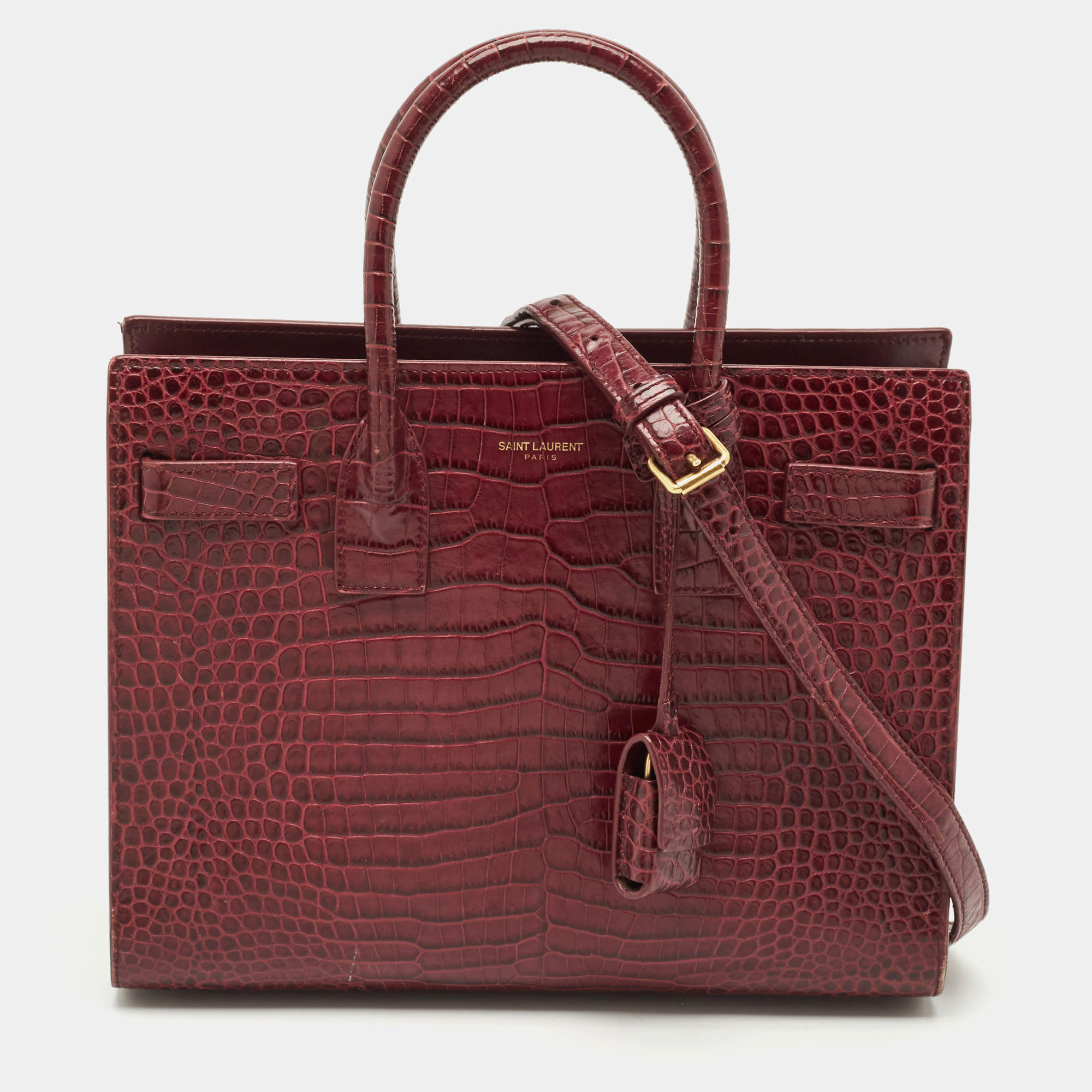 Pre Owned Saint Laurent Burgundy Croc Embossed Leather Baby Classic Sac De Jour Tote