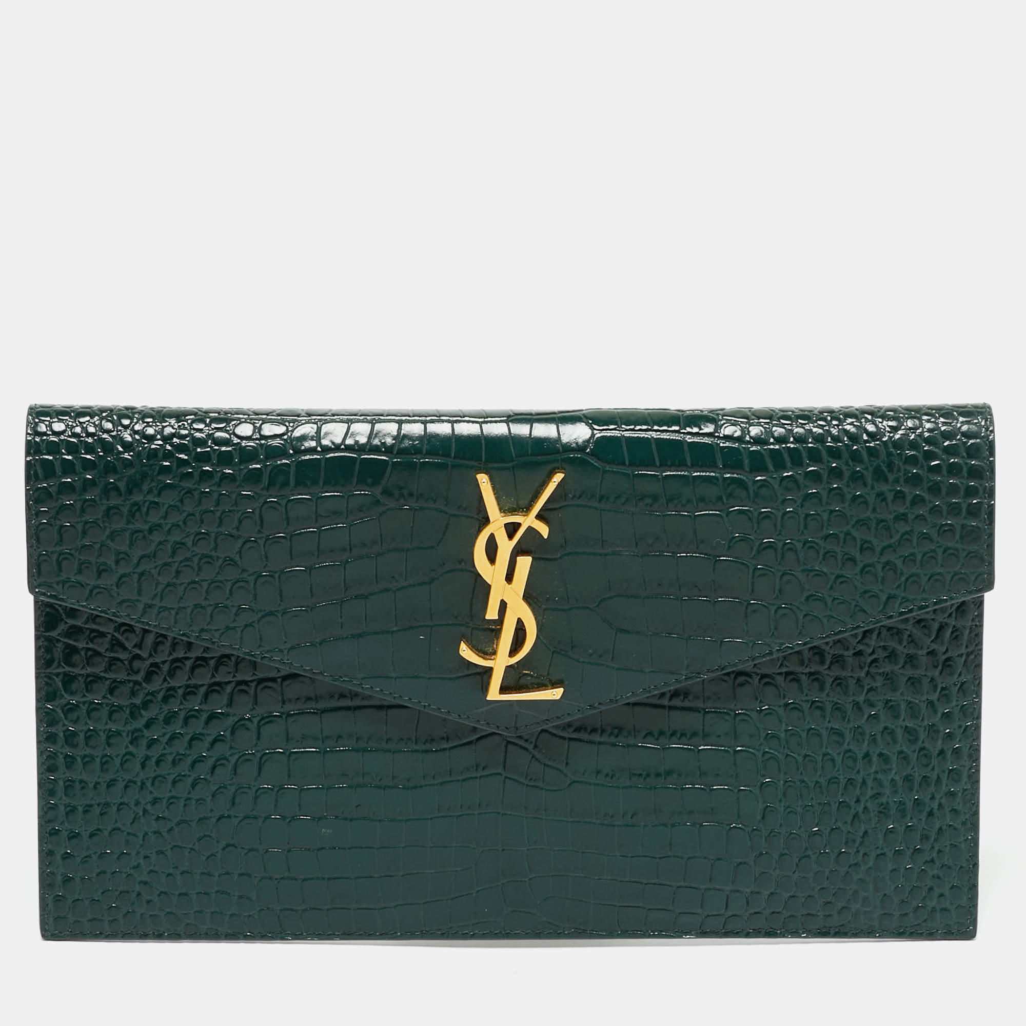 Saint Laurent Dark Green Croc Embossed Leather Uptown Clutch