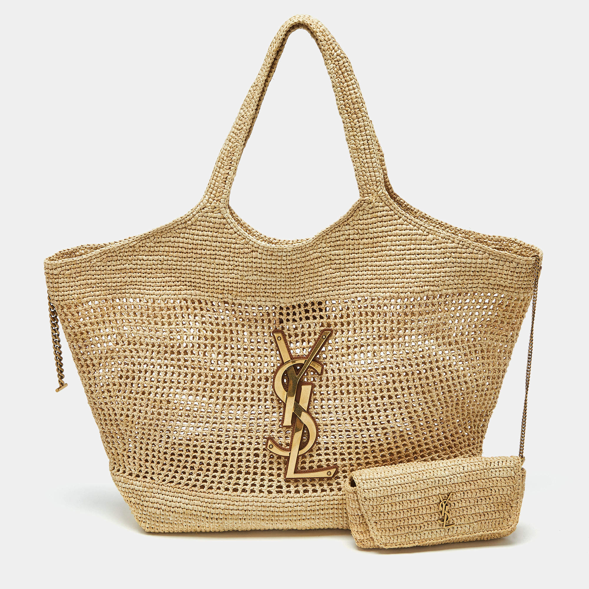 Pre Owned Saint Laurent Natural Raffia Maxi Icare Shopping Tote