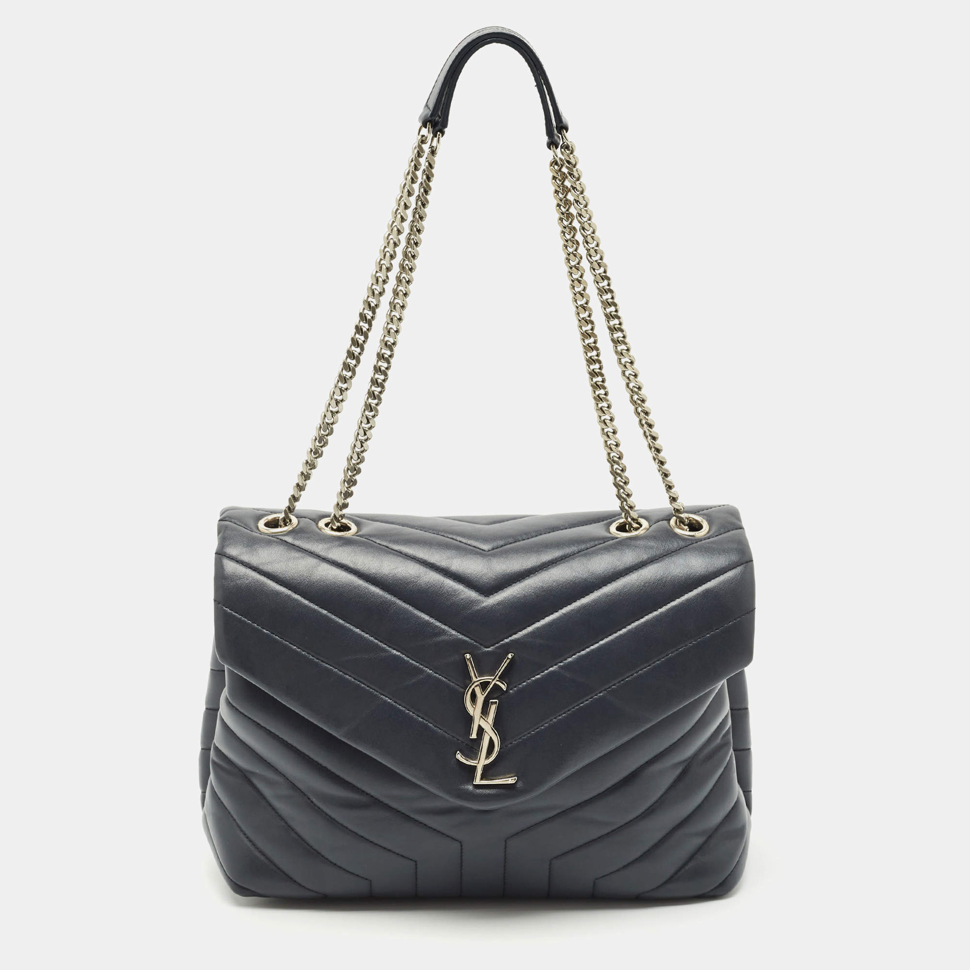 Saint Laurent Dark Grey Matelassé Leather Medium Loulou Shoulder Bag