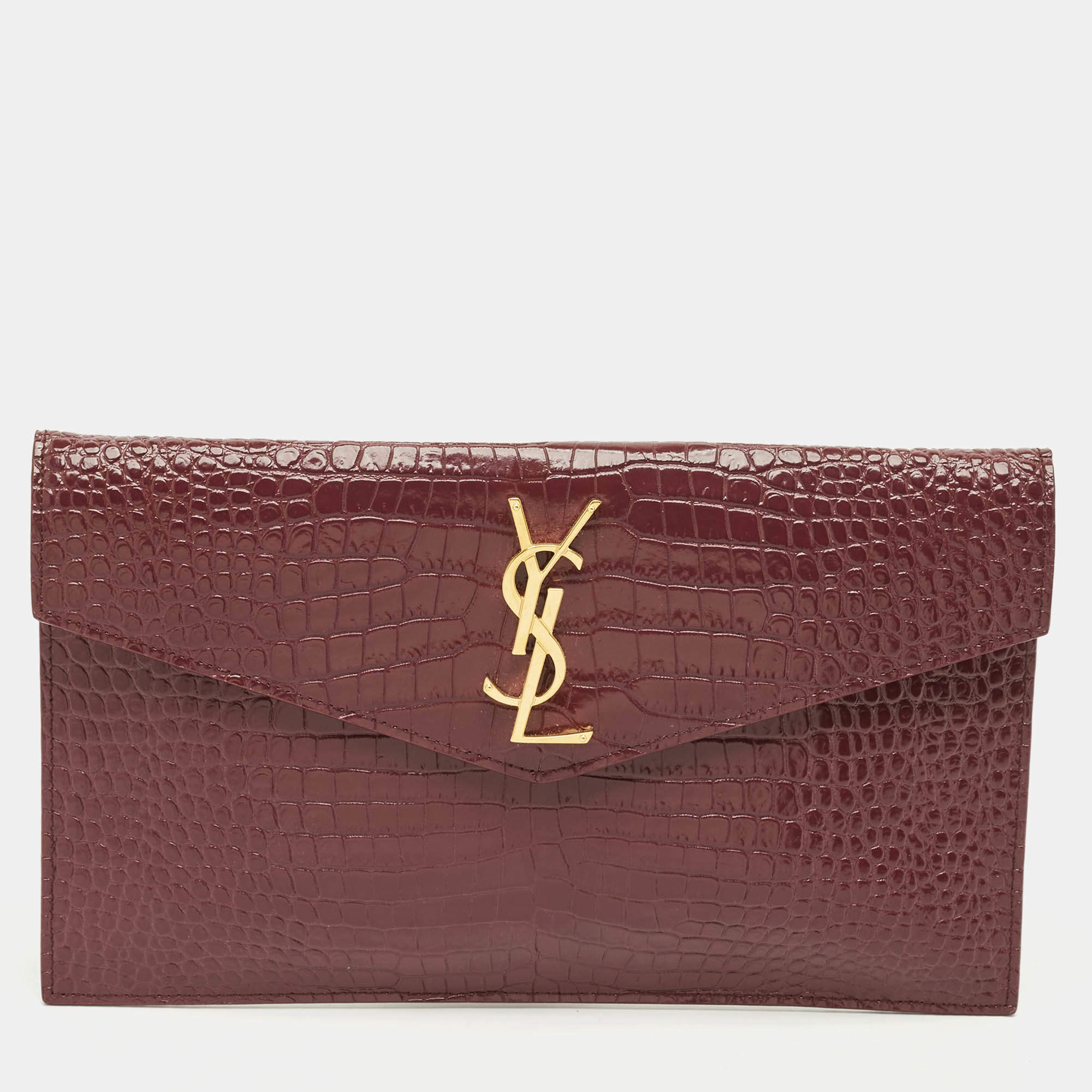 Pre Owned Saint Laurent Burgundy Croc Embossed Leather Medium Uptown Clutch