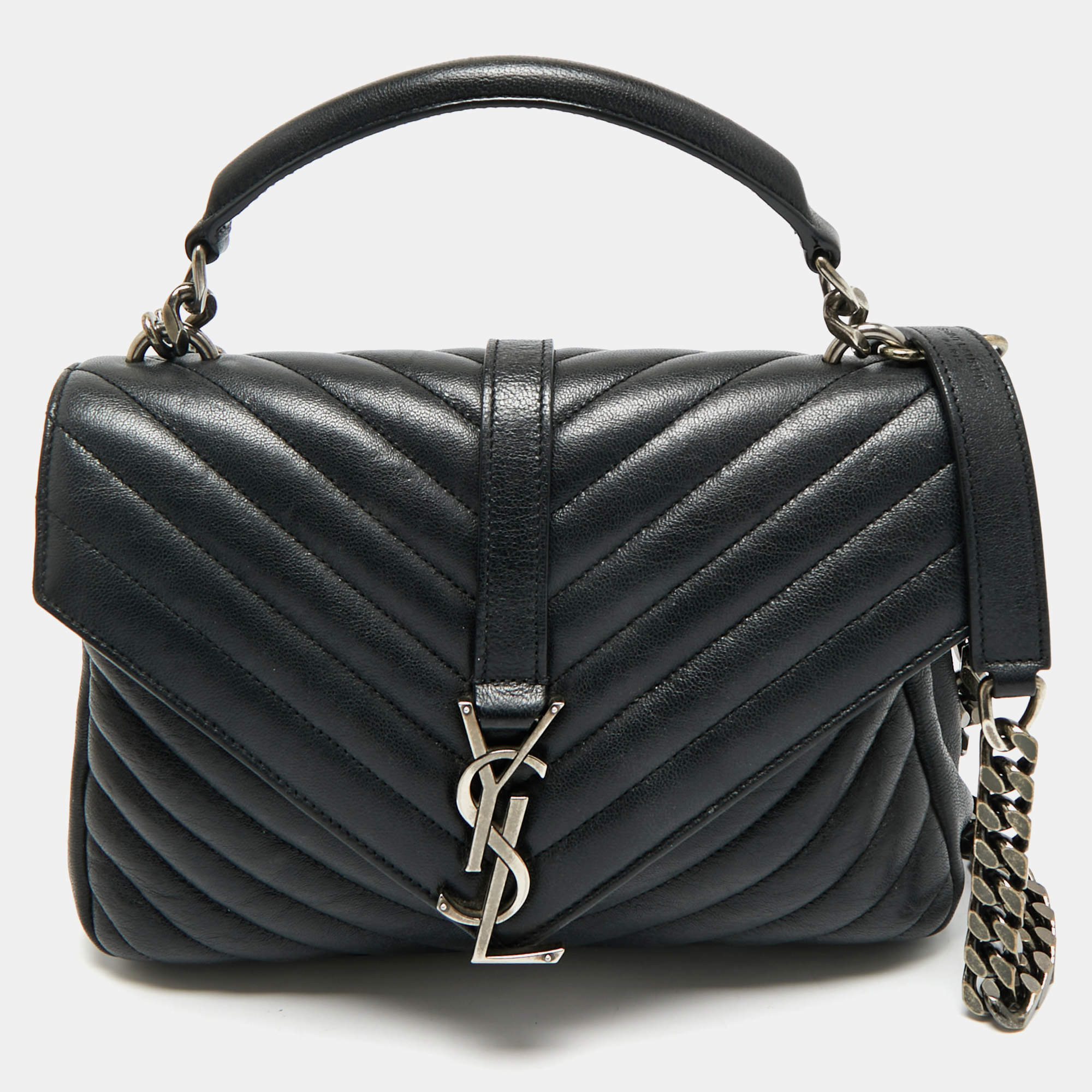 Pre Owned Saint Laurent Black Matelassé Leather Medium College Top Handle Bag