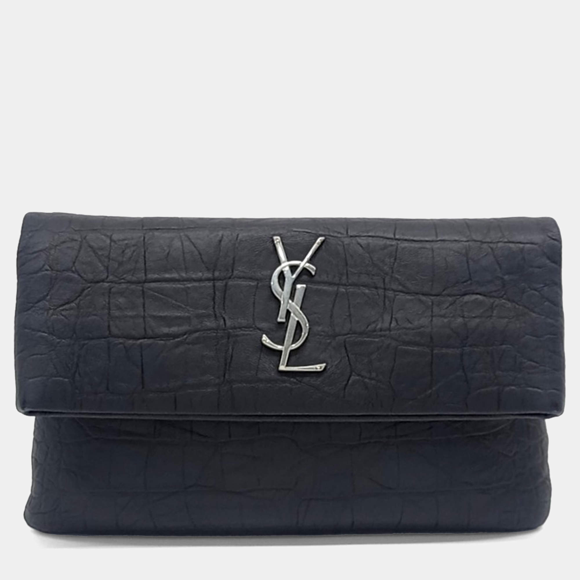 Pre Owned Saint Laurent Paris Black Leather Folding Clutch