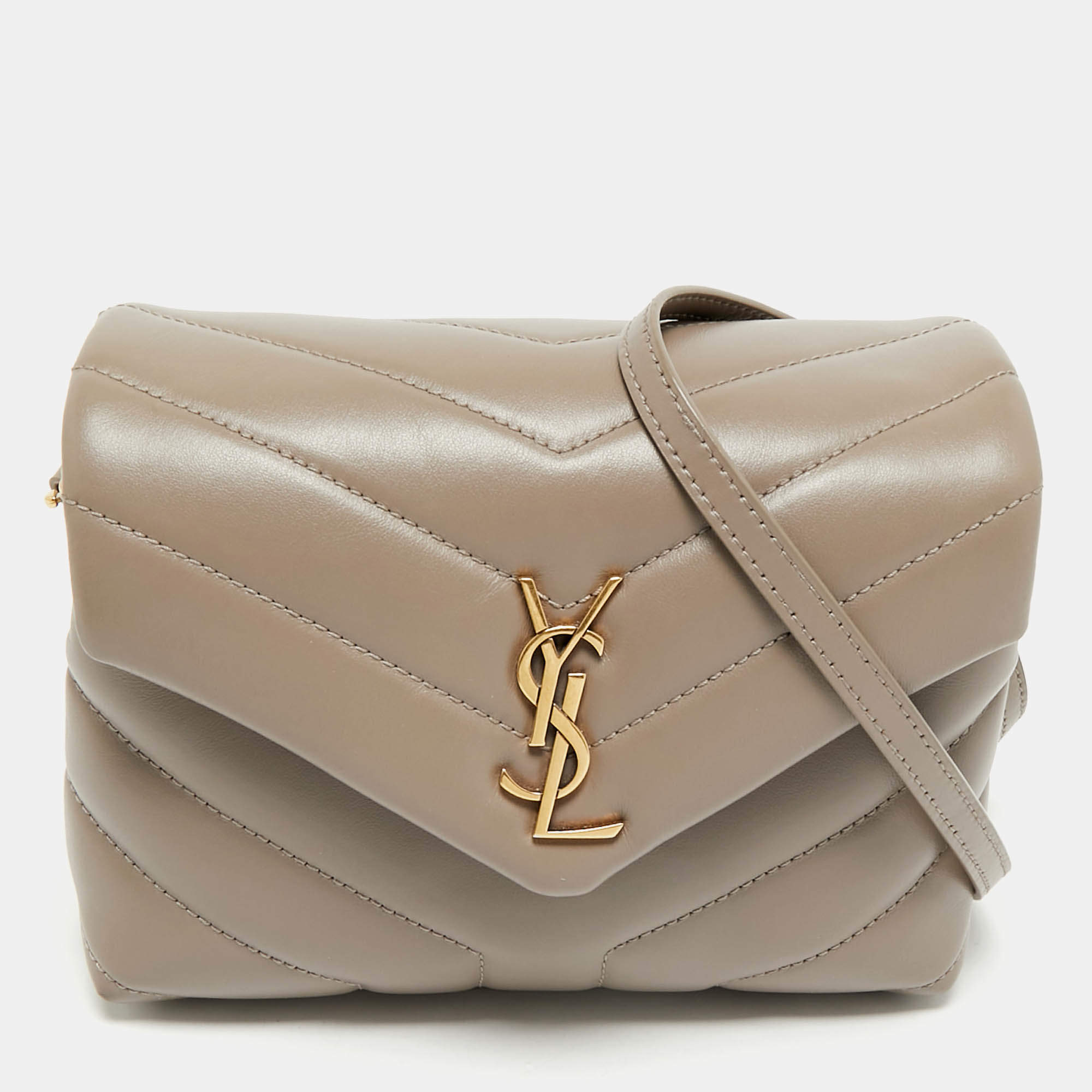 Pre Owned Saint Laurent Dark Beige Matelassé Leather Toy Loulou Crossbody Bag