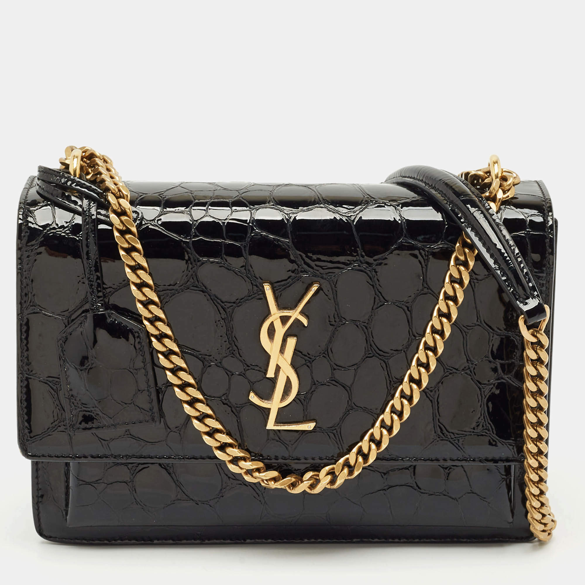 Pre Owned Saint Laurent Black Croc Embossed Patent Leather Medium Sunset Shoulder Bag