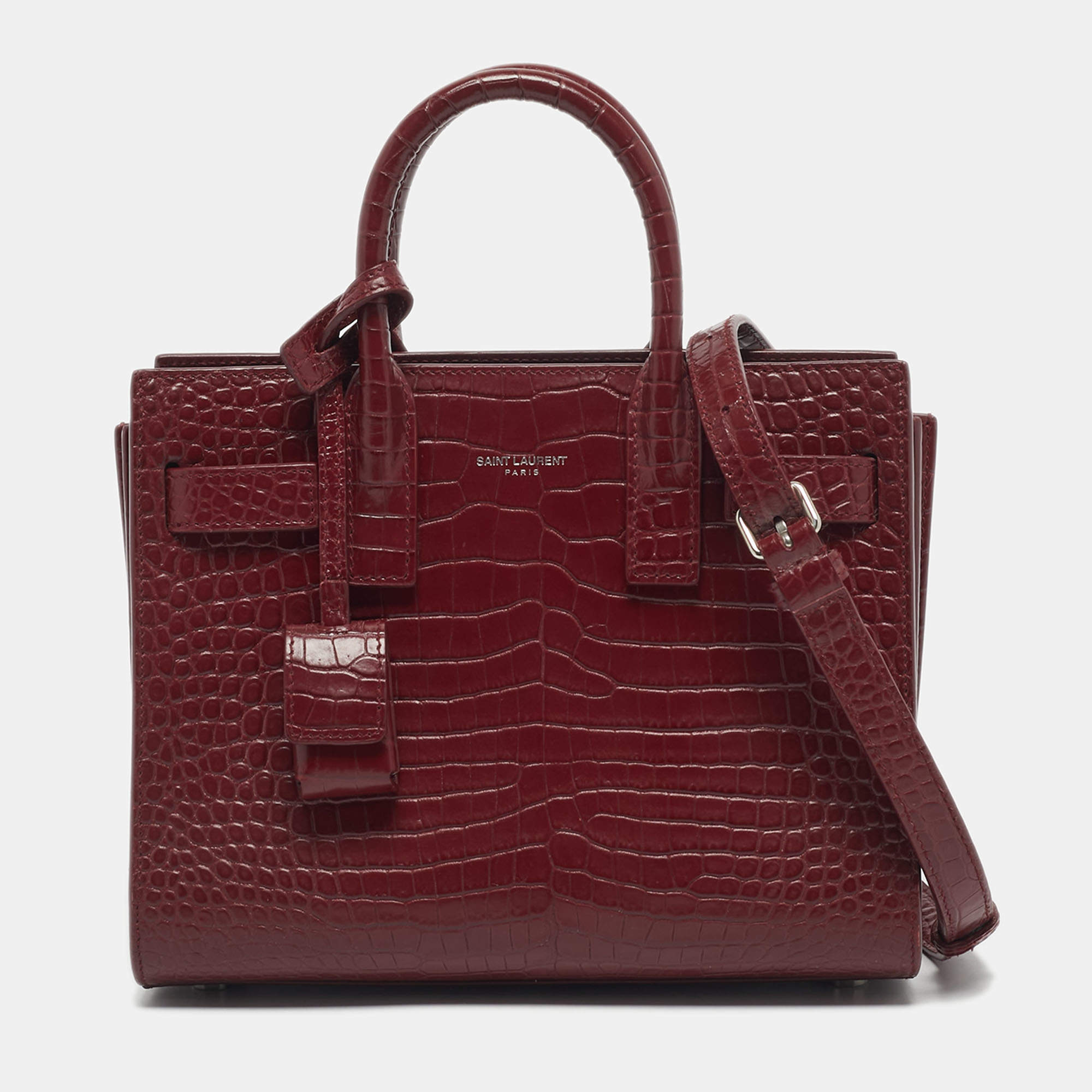 Pre Owned Saint Laurent Red Croc Embossed Leather Nano Classic Sac De Jour Tote