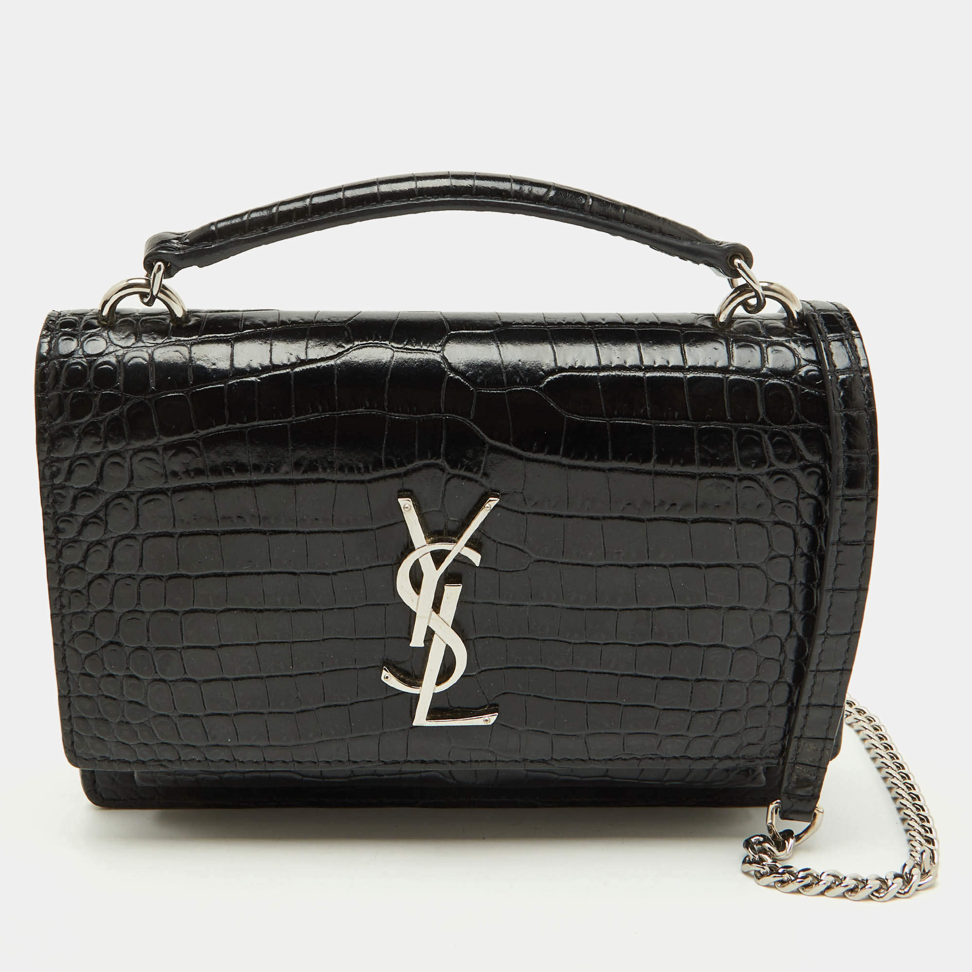 Pre Owned Saint Laurent Black Croc Embossed Leather Sunset Wallet On Chain