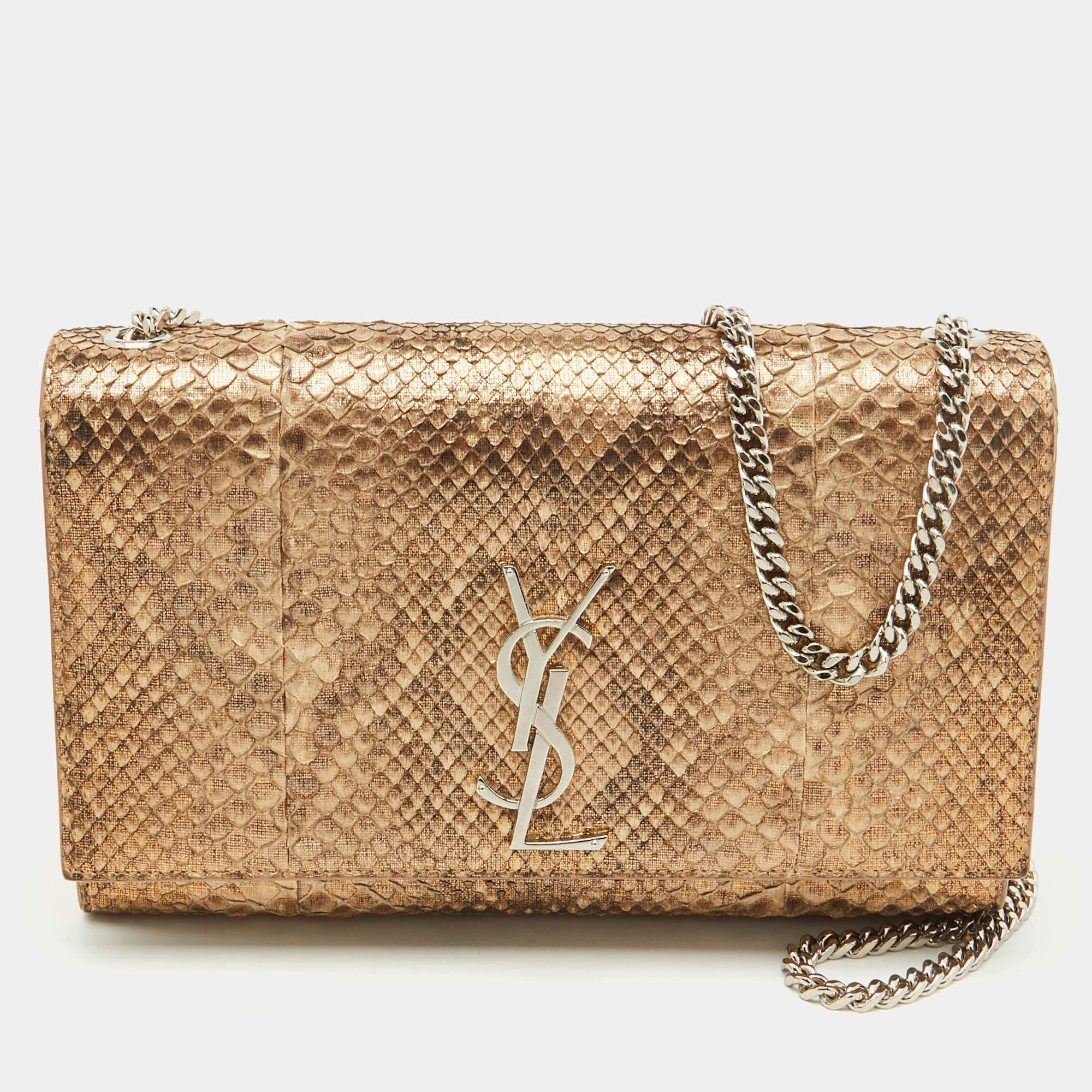 Pre Owned Saint Laurent Gold/Beige Python Kate Medium Shoulder Bag
