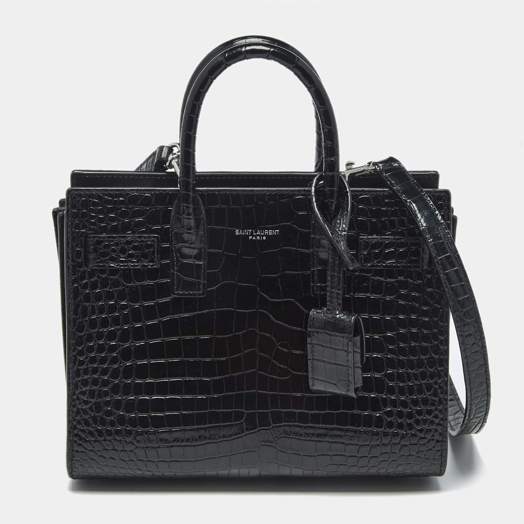 Pre Owned Saint Laurent Black Croc Embossed Leather Nano Classic Sac De Jour Tote