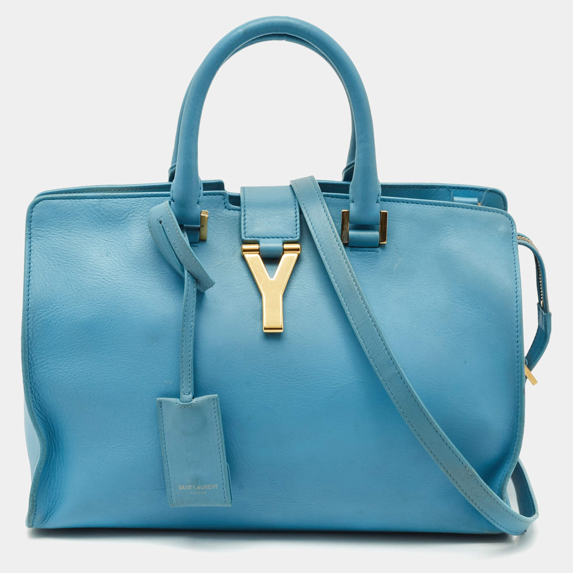 Pre Owned Saint Laurent Light Blue Leather Small Cabas Chyc Tote